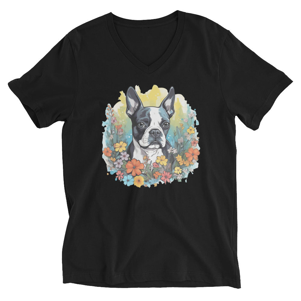 Boston Terrier Surrounded By Vibrant Flowers Unisex Short Sleeve V-Neck T-Shirt