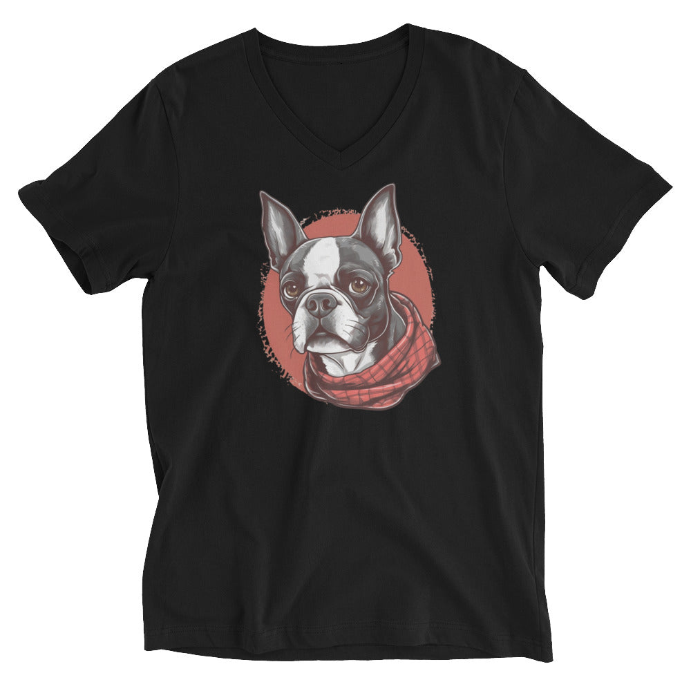 Boston Terrier Red Bandana Unisex Short Sleeve V-Neck T-Shirt