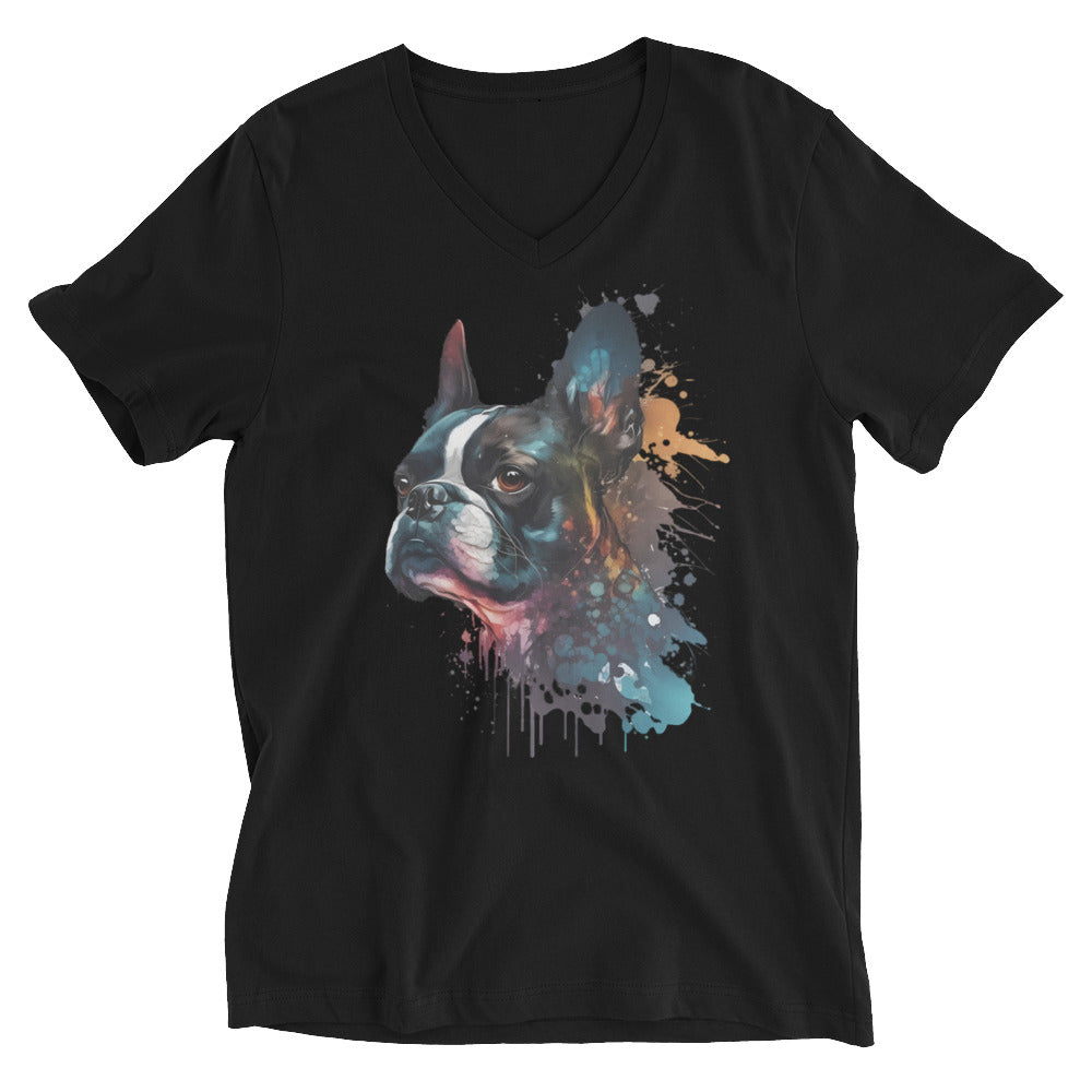 Boston Terrier Art Unisex Short Sleeve V-Neck T-Shirt