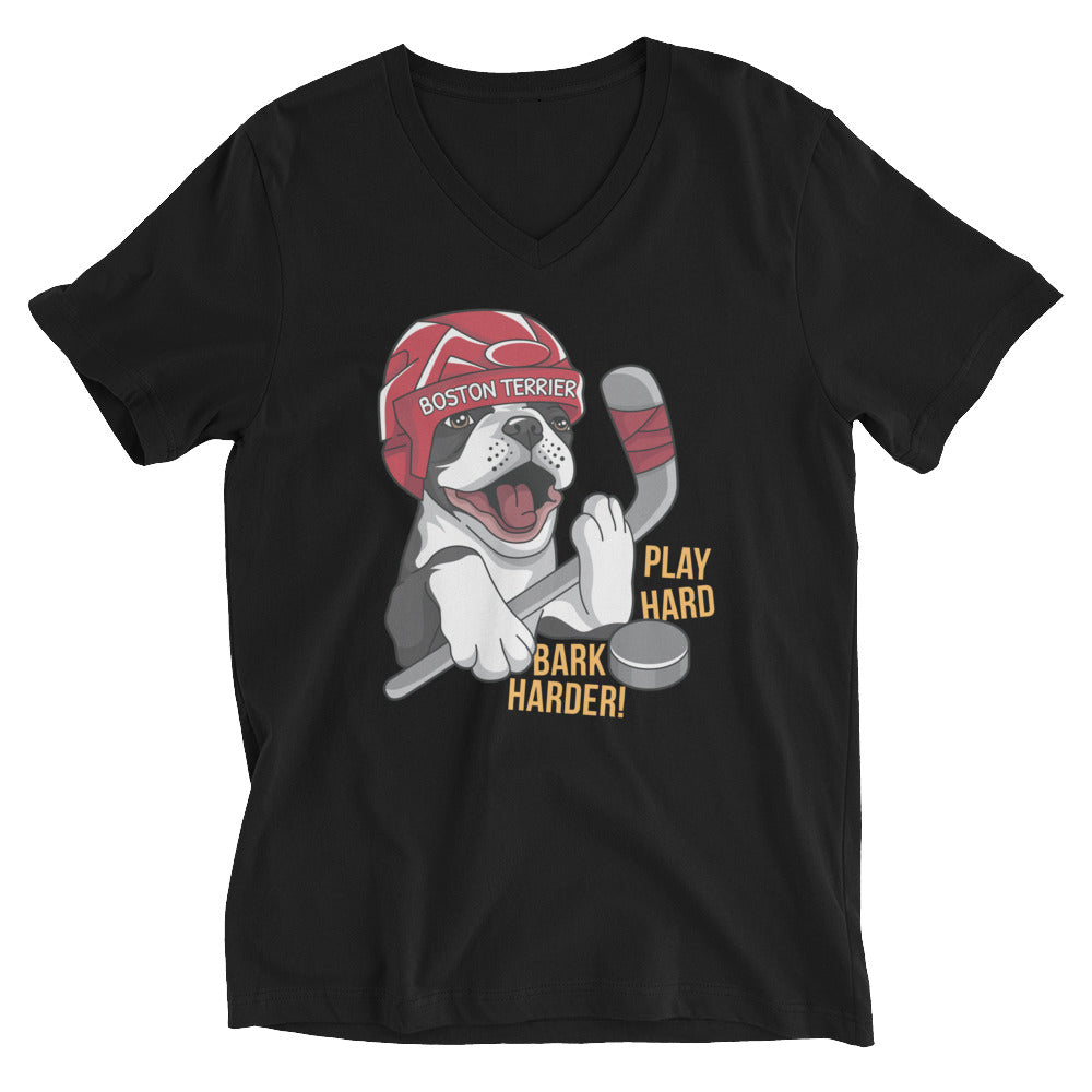 Play Hard Bark Harder Hockey Boston Terrier Unisex Short Sleeve V-Neck T-Shirt