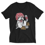 Play Hard Bark Harder Hockey Boston Terrier Unisex Short Sleeve V-Neck T-Shirt