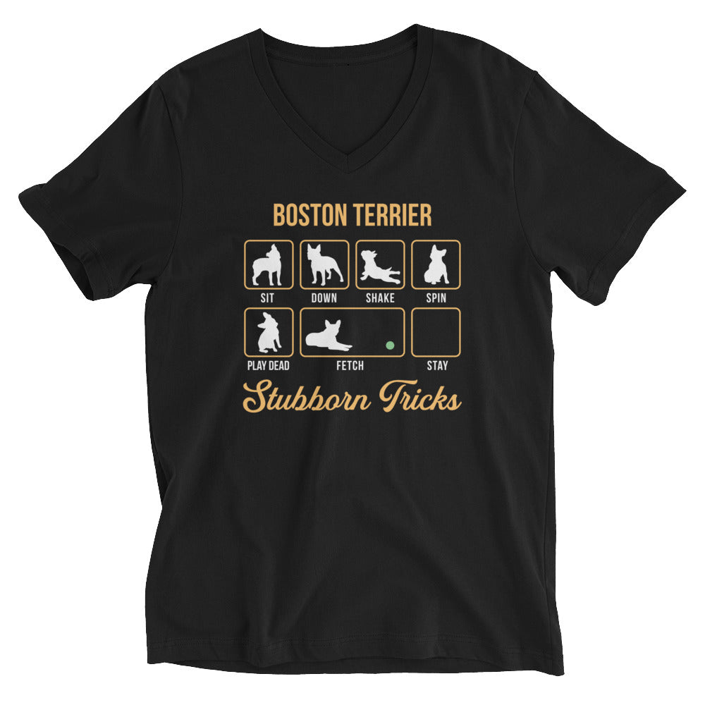 Boston Terrier Stubborn Tricks Unisex Short Sleeve V-Neck T-Shirt