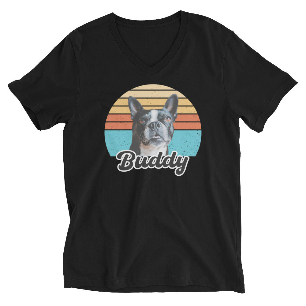 Custom Dog Sunset Vintage Retro Style Unisex Short Sleeve V-Neck T-Shirt . Black