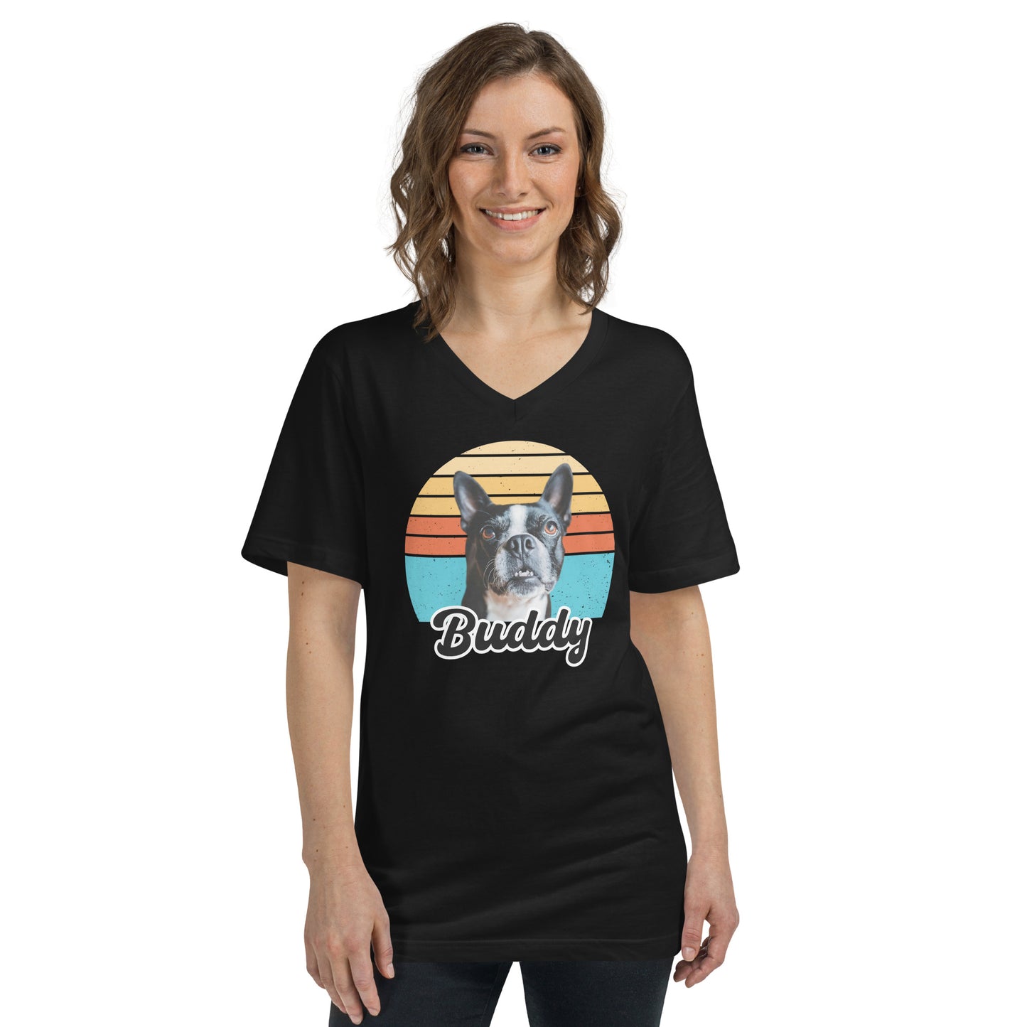 Custom Dog Sunset Vintage Retro Style Unisex Short Sleeve V-Neck T-Shirt .