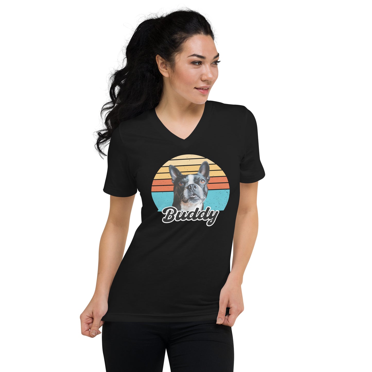 Custom Dog Sunset Vintage Retro Style Unisex Short Sleeve V-Neck T-Shirt .