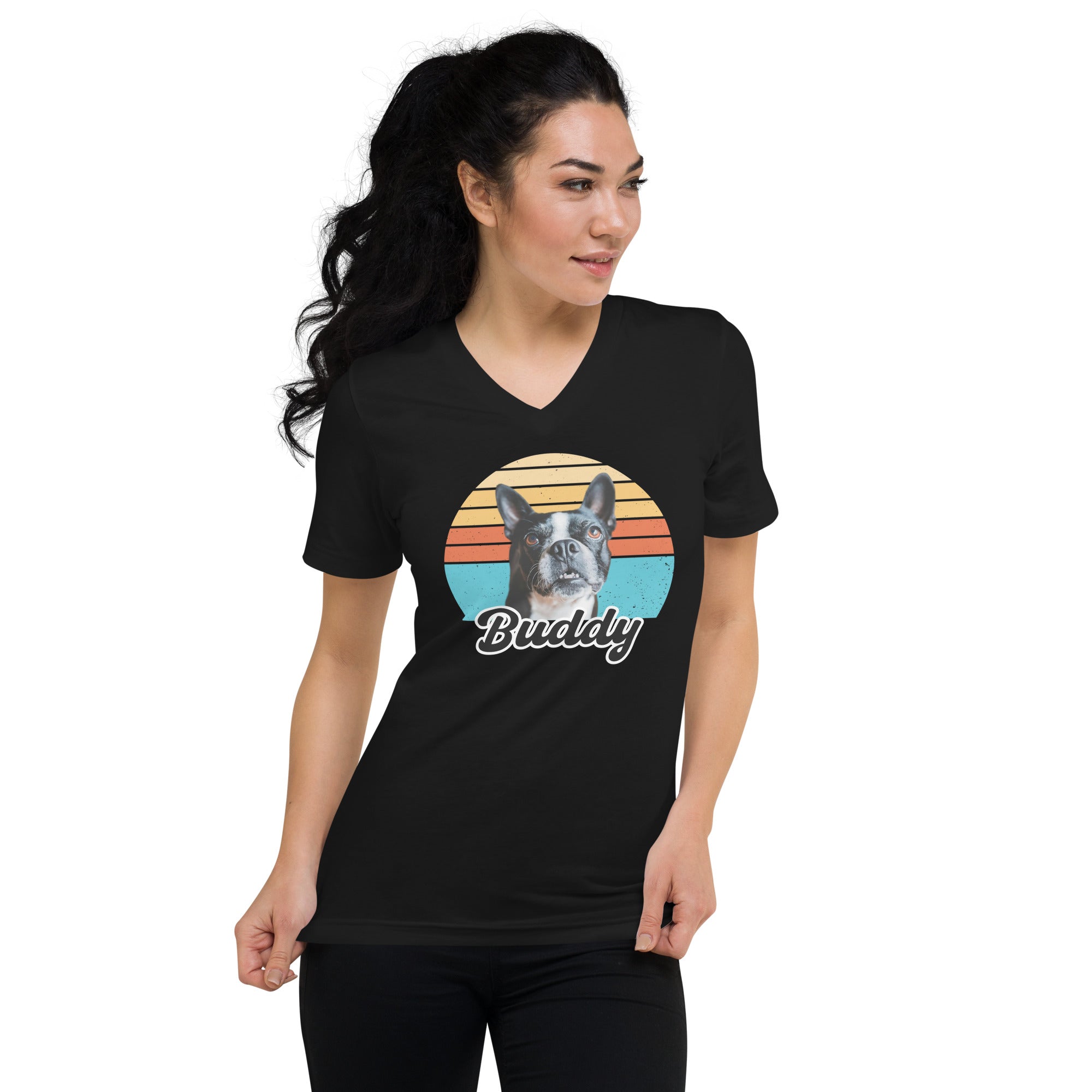 Custom Dog Sunset Vintage Retro Style Unisex Short Sleeve V-Neck T-Shirt .