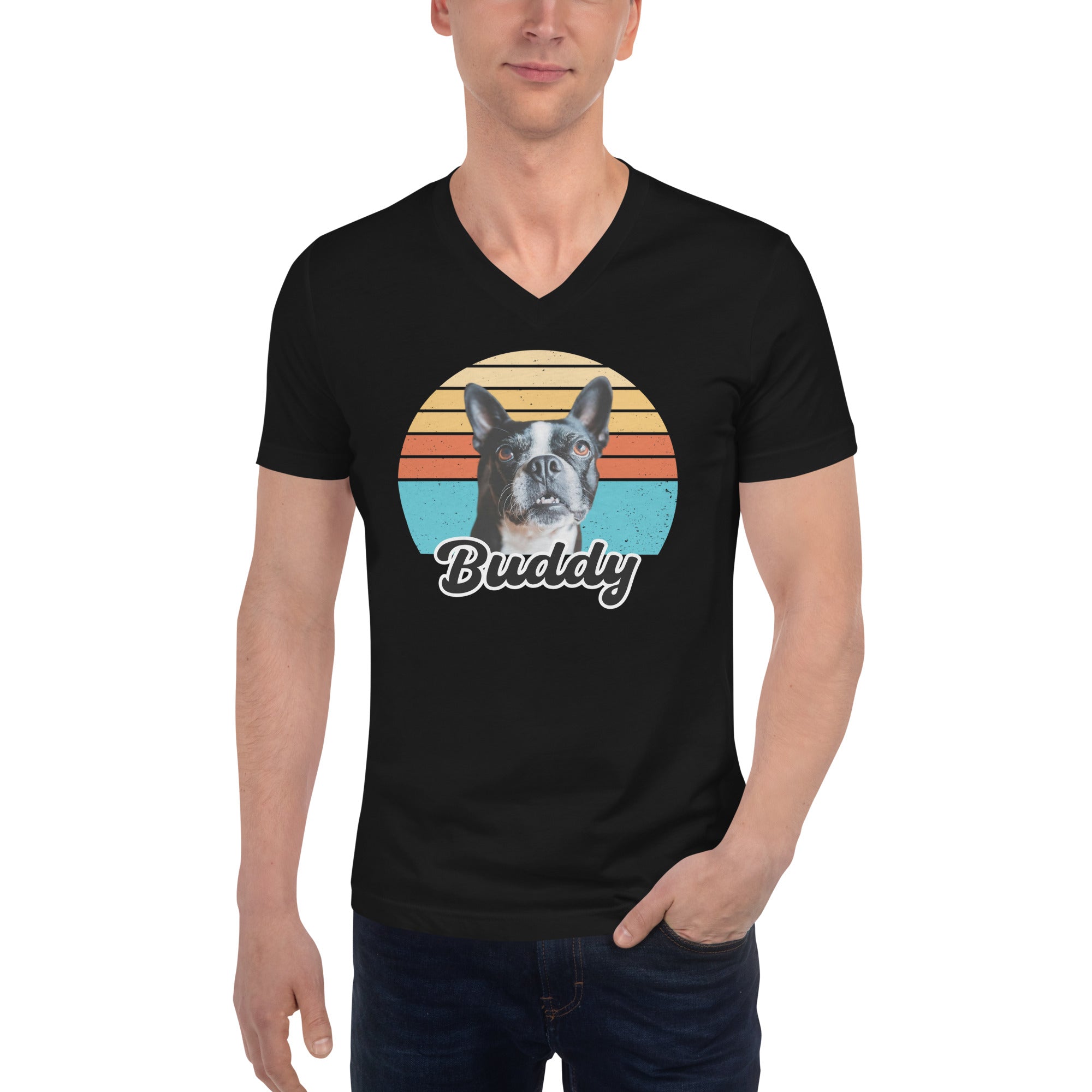 Custom Dog Sunset Vintage Retro Style Unisex Short Sleeve V-Neck T-Shirt .