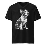 Boston Terrier Line Art Unisex Short Sleeve V-Neck T-Shirt . Black