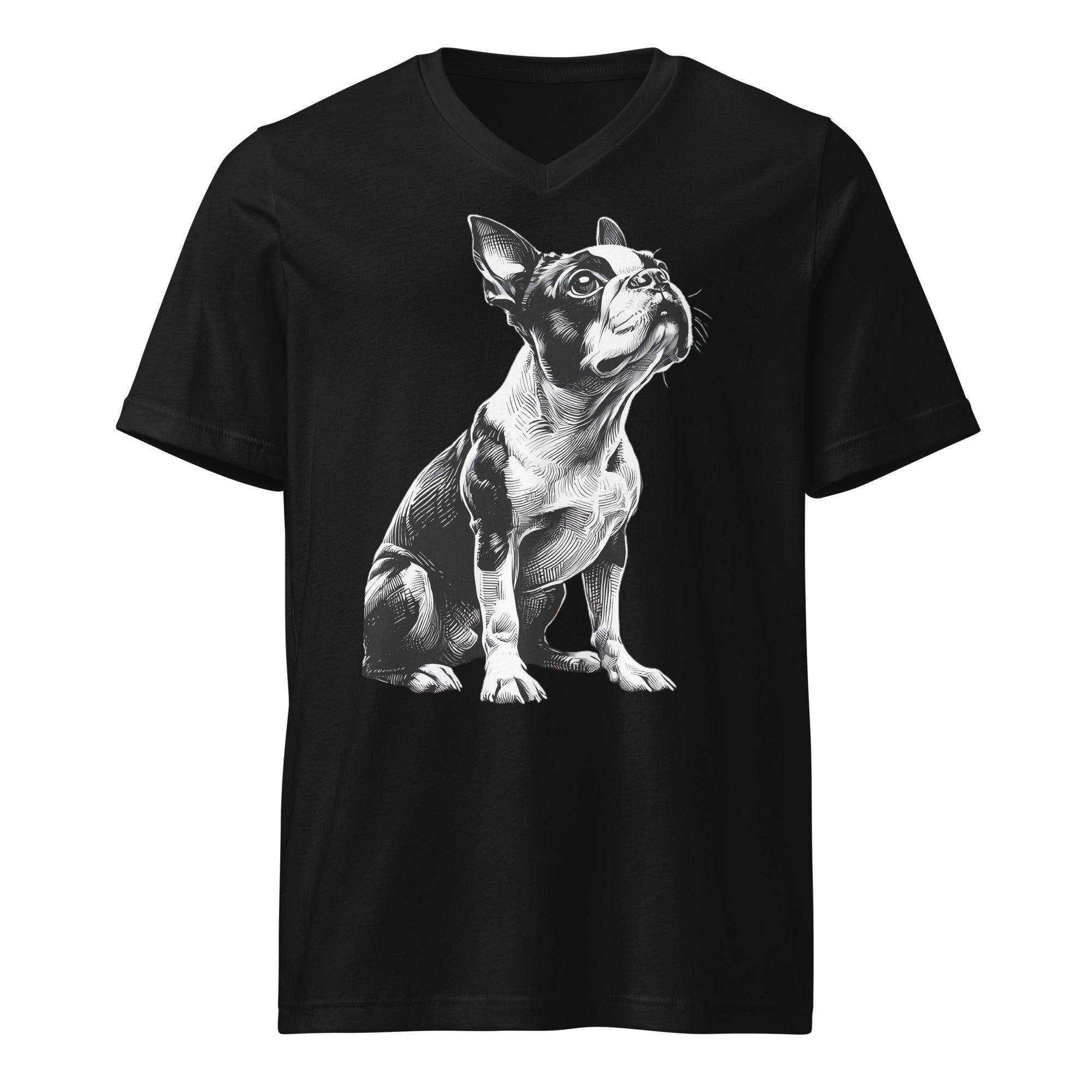 Boston Terrier Line Art Unisex Short Sleeve V-Neck T-Shirt . Black