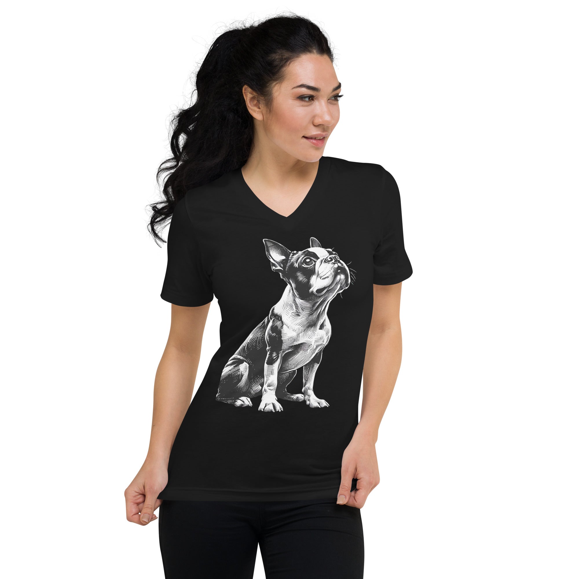 Boston Terrier Line Art Unisex Short Sleeve V-Neck T-Shirt .