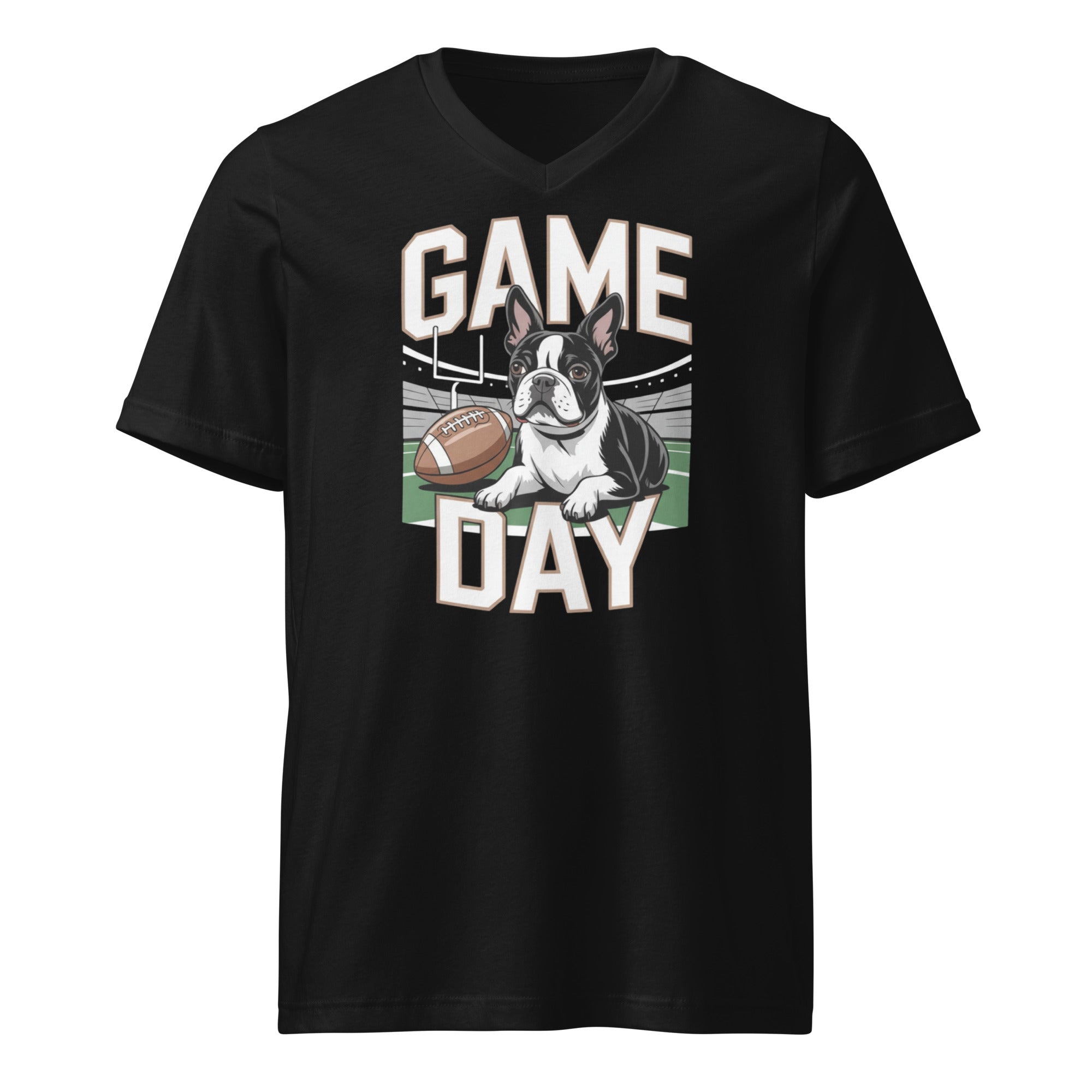 Football Boston Terrier Dog Game Day Unisex Short Sleeve V-Neck T-Shirt . Black