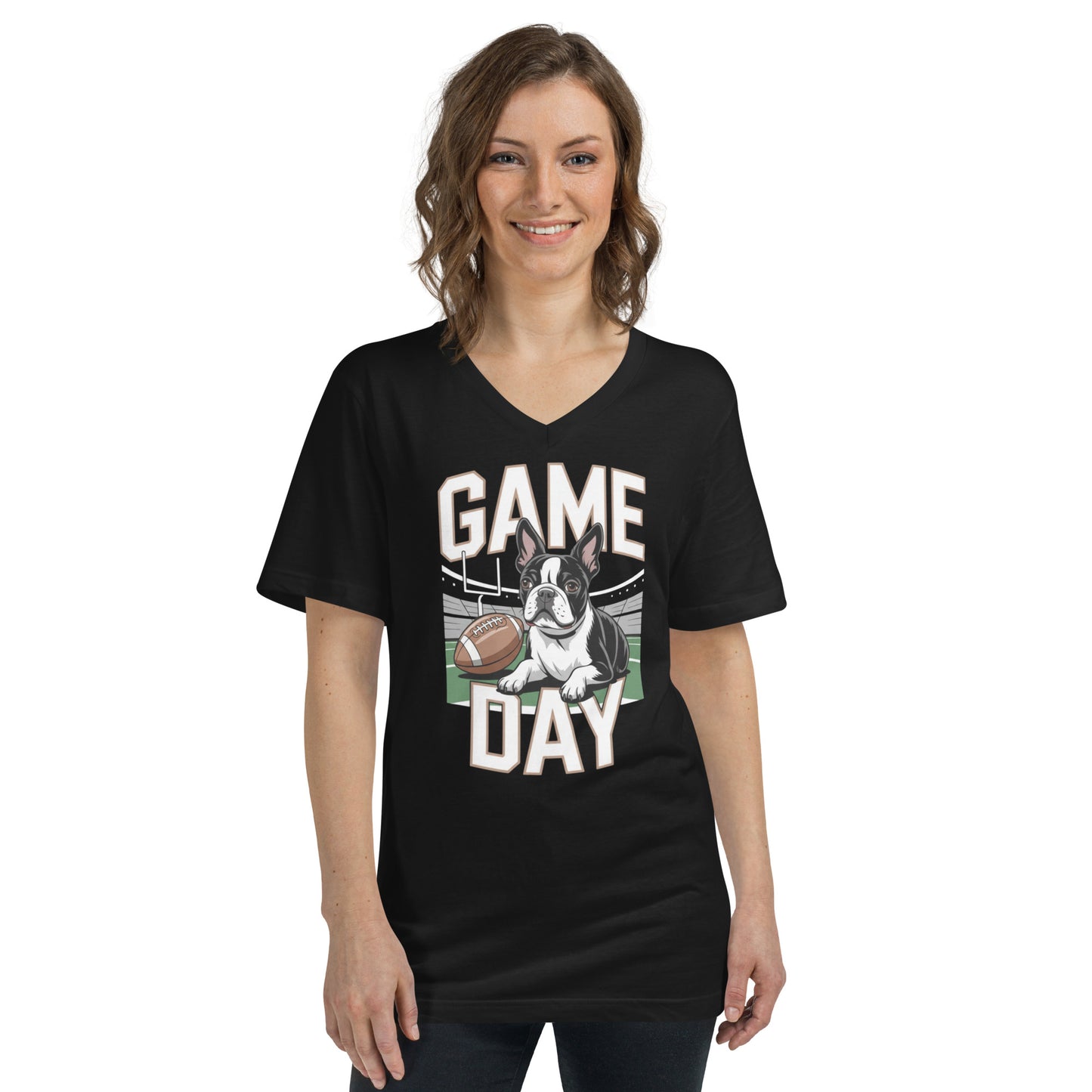 Football Boston Terrier Dog Game Day Unisex Short Sleeve V-Neck T-Shirt .