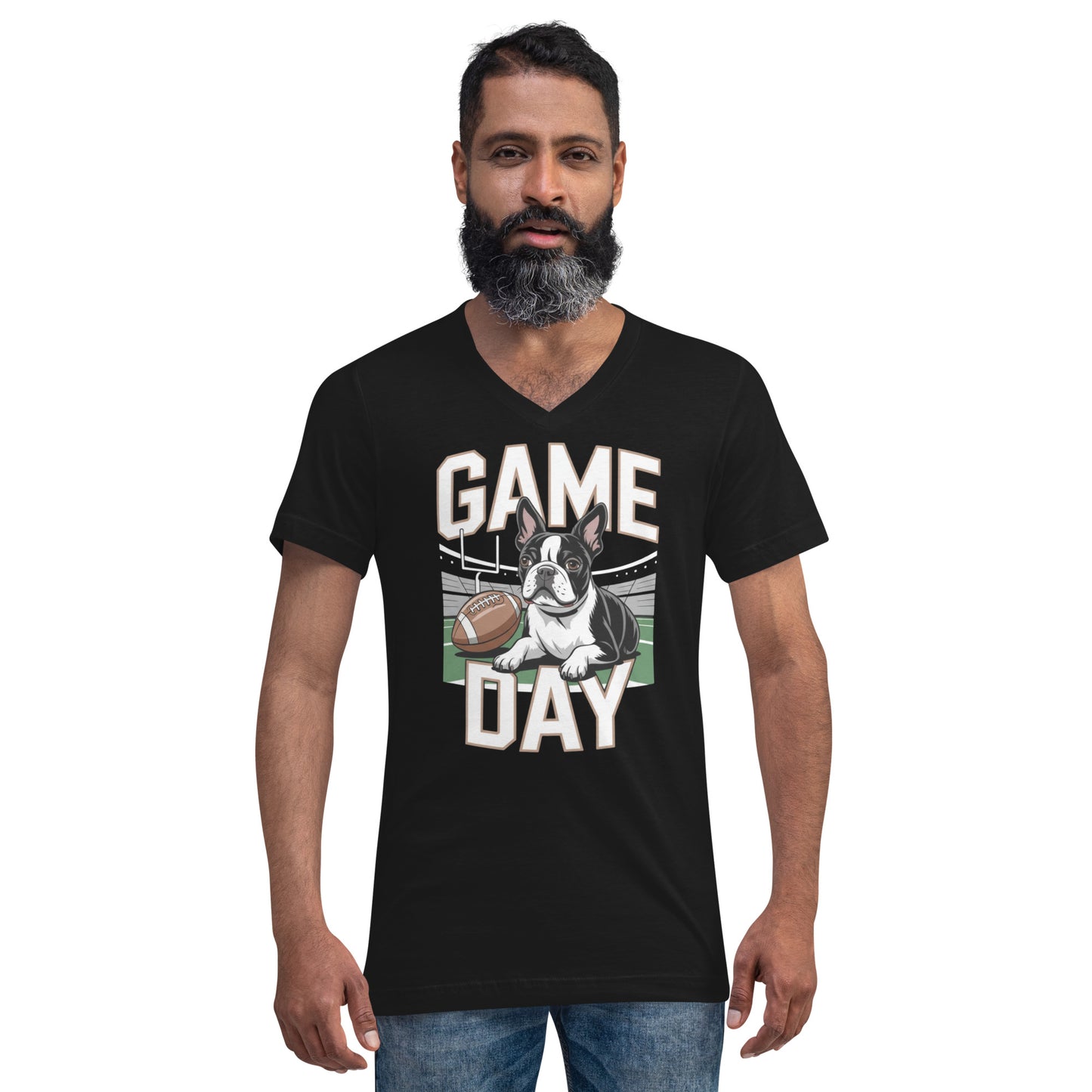 Football Boston Terrier Dog Game Day Unisex Short Sleeve V-Neck T-Shirt .