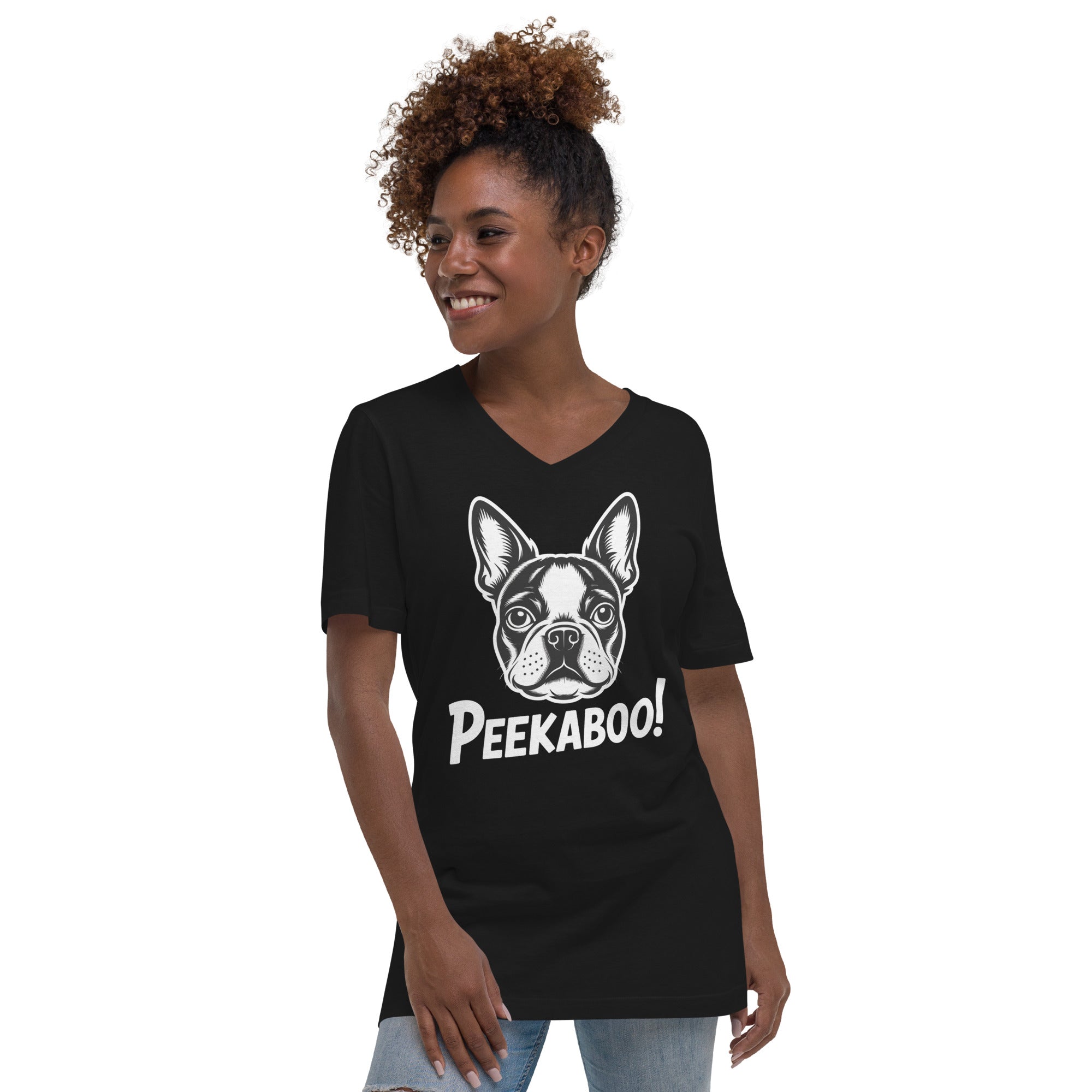 Peekaboo Dog Face Unisex Short Sleeve V-Neck T-Shirt .