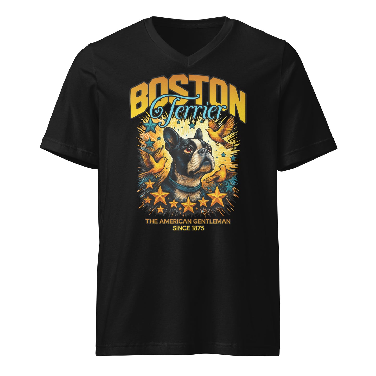 Stars And Birds Boston Terrier Since 1875 Unisex Short Sleeve V-Neck T-Shirt . Black