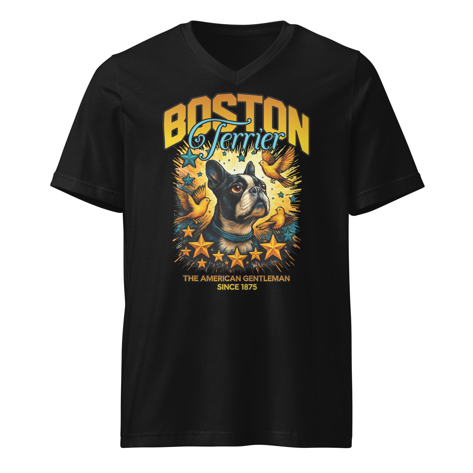 Stars And Birds Boston Terrier Since 1875 Unisex Short Sleeve V-Neck T-Shirt . Black