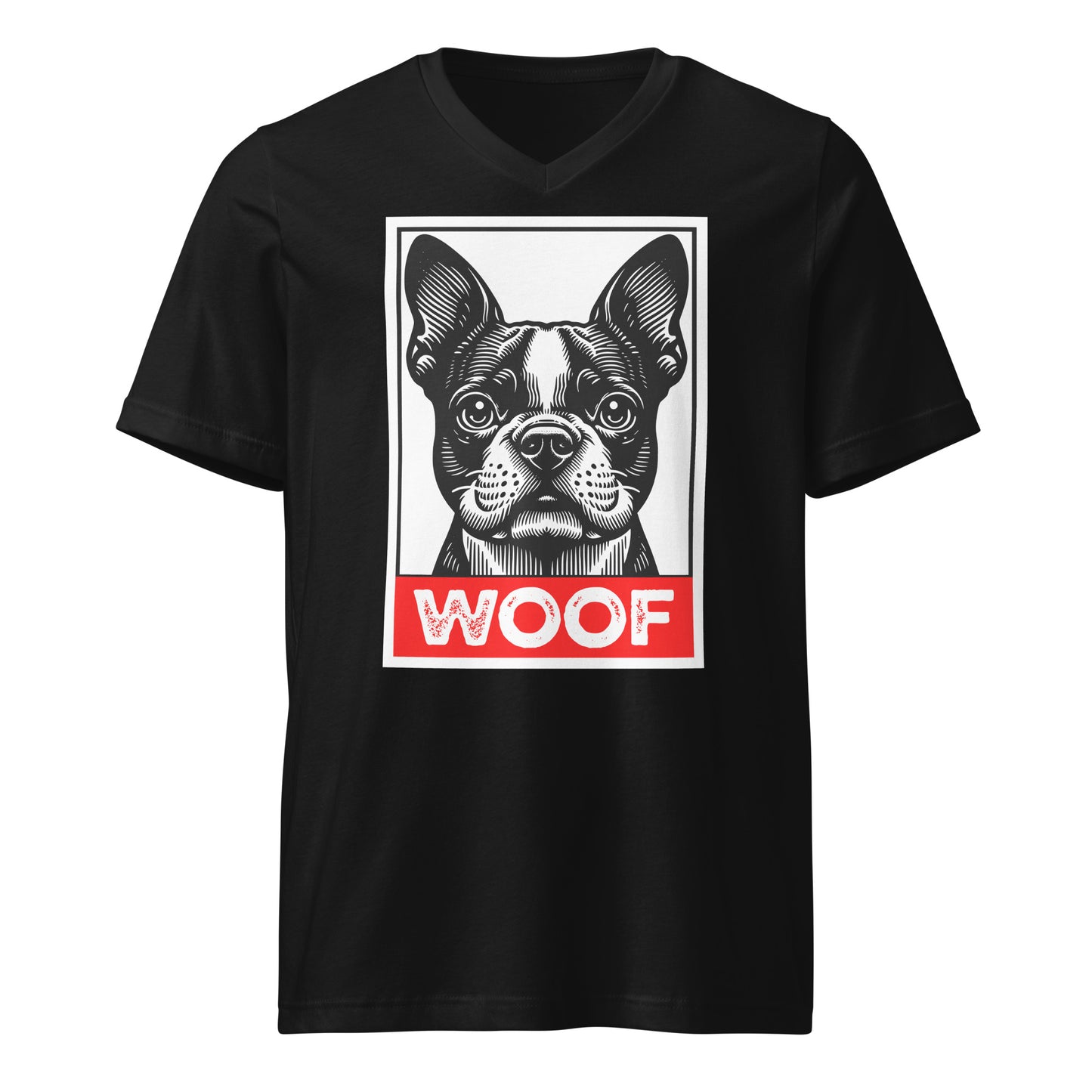 Woof Boston Terrier Dog Unisex Short Sleeve V-Neck T-Shirt . Black