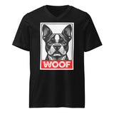 Woof Boston Terrier Dog Unisex Short Sleeve V-Neck T-Shirt . Black