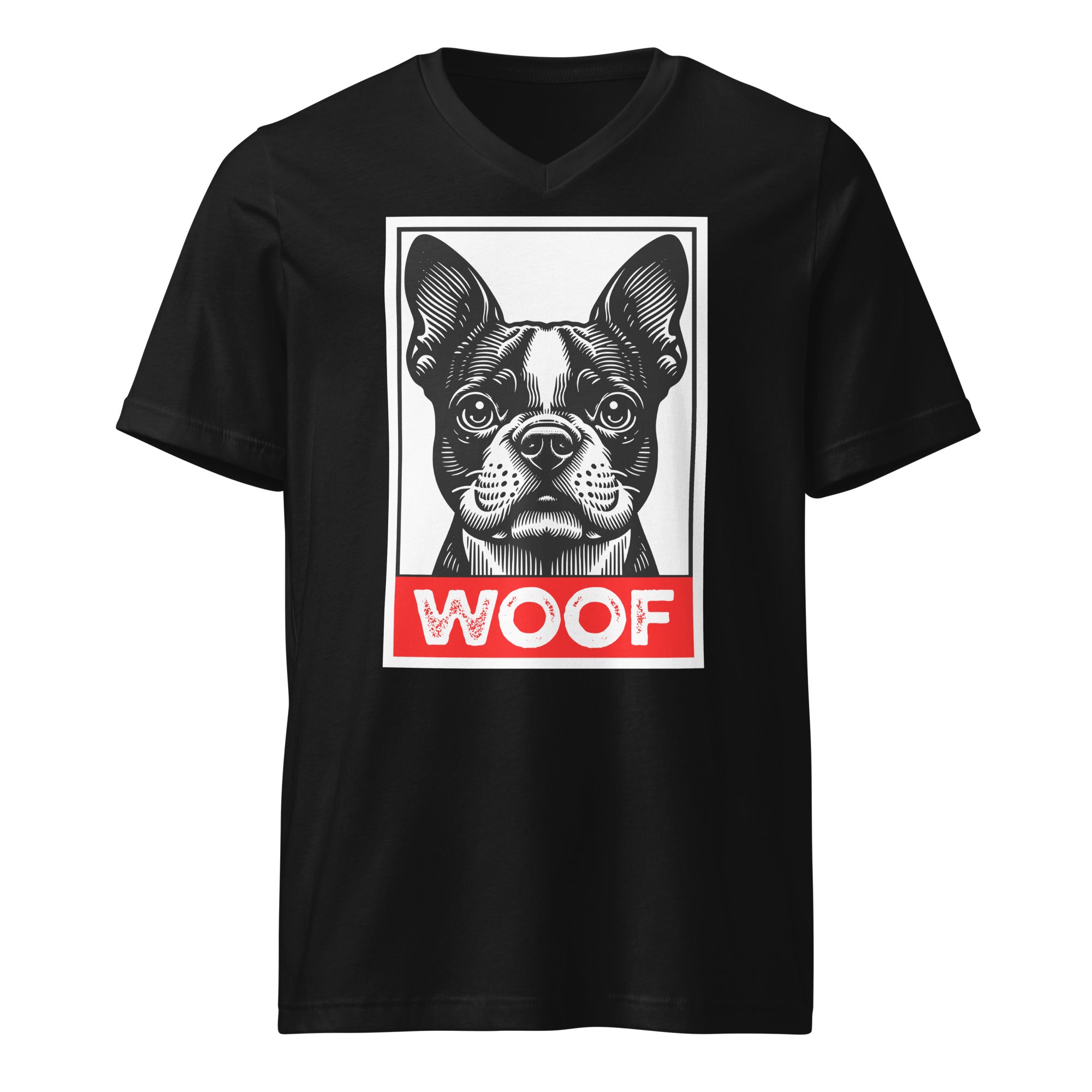 Woof Boston Terrier Dog Unisex Short Sleeve V-Neck T-Shirt . Black