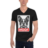 Woof Boston Terrier Dog Unisex Short Sleeve V-Neck T-Shirt .