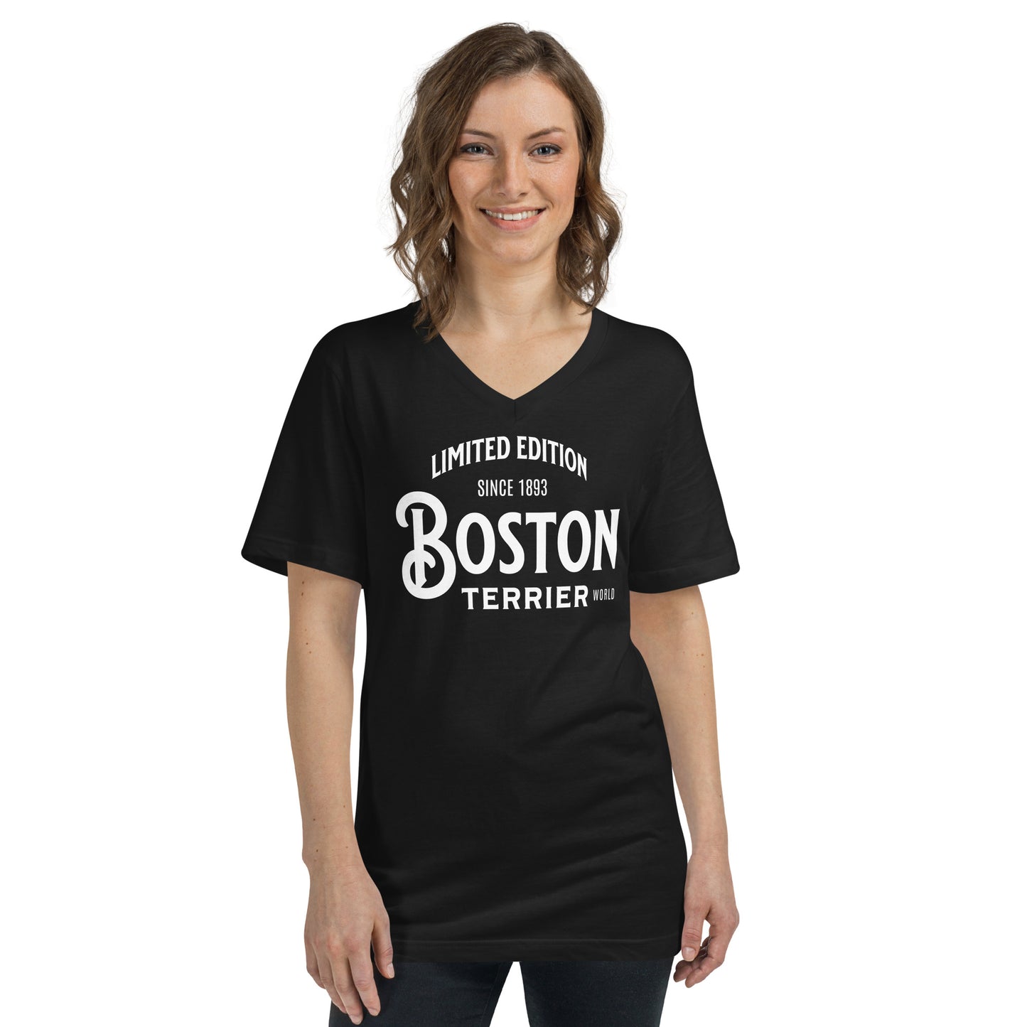 Limited Edition Boston Terrier World Unisex Short Sleeve V-Neck T-Shirt .