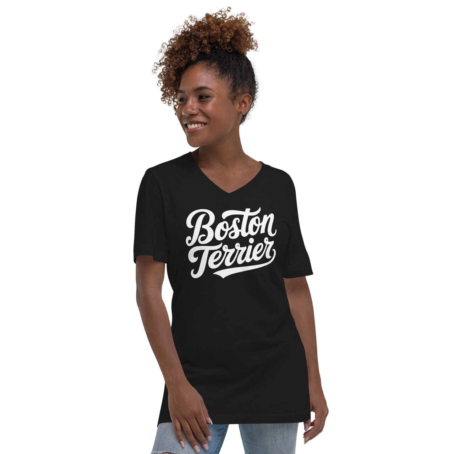 Boston Terrier Unisex Short Sleeve V-Neck T-Shirt .