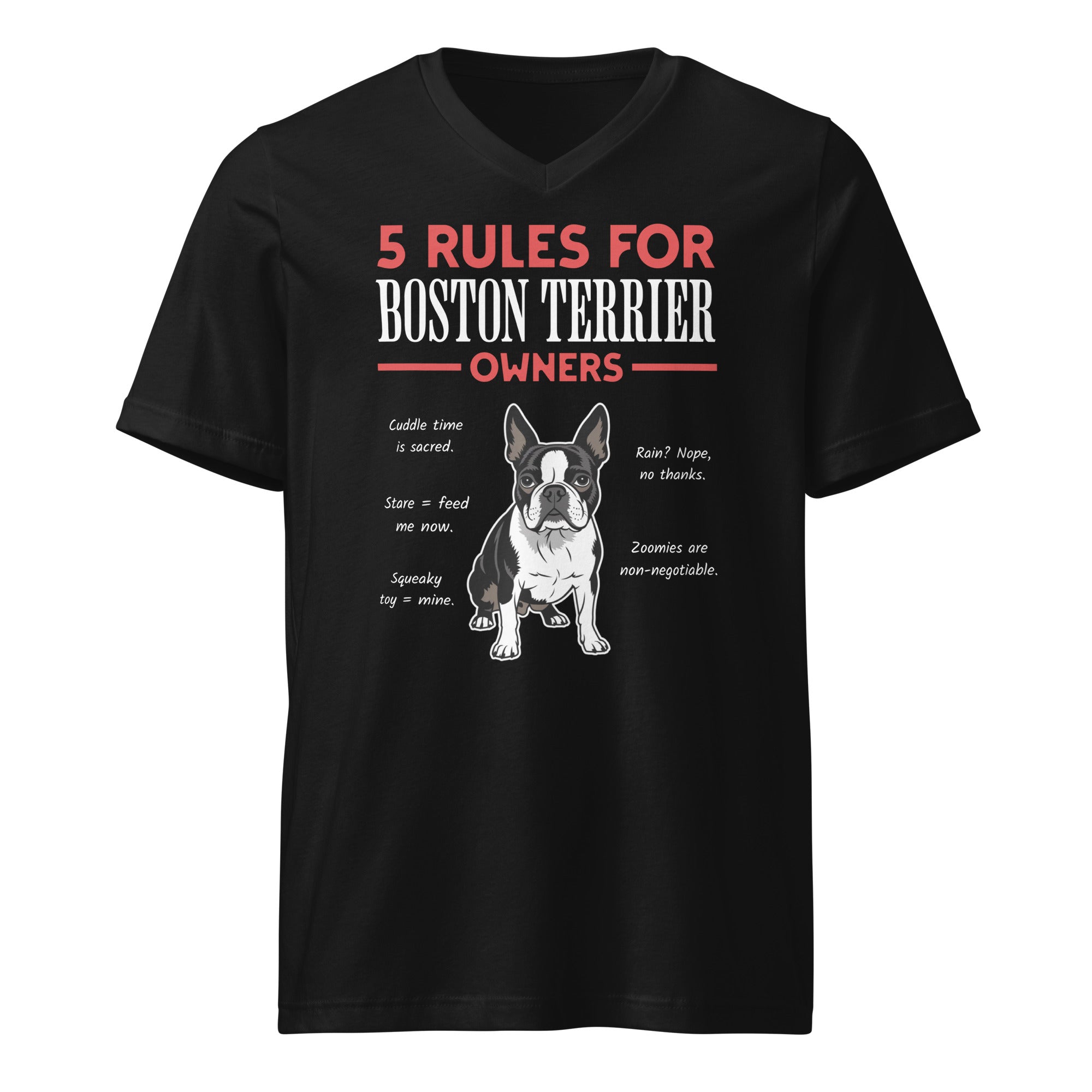 5 Rules For Boston Terrier Owners Unisex Short Sleeve V-Neck T-Shirt . Black
