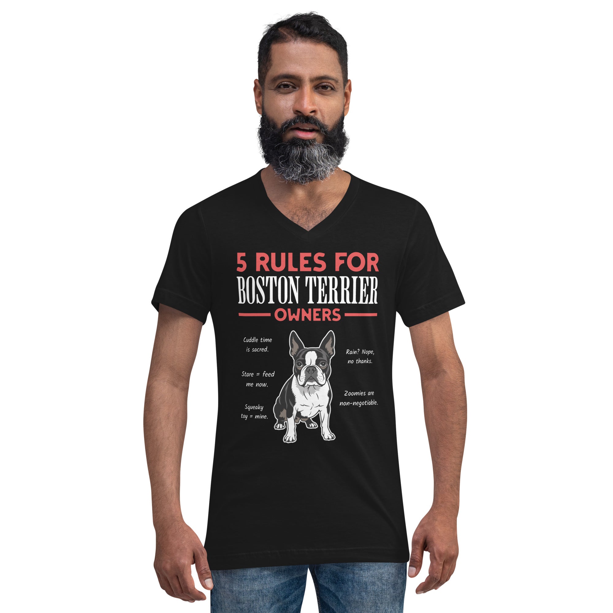 5 Rules For Boston Terrier Owners Unisex Short Sleeve V-Neck T-Shirt .