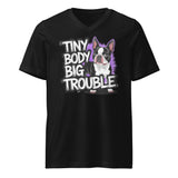 Tiny Body Big Trouble Unisex Short Sleeve V-Neck T-Shirt . Black
