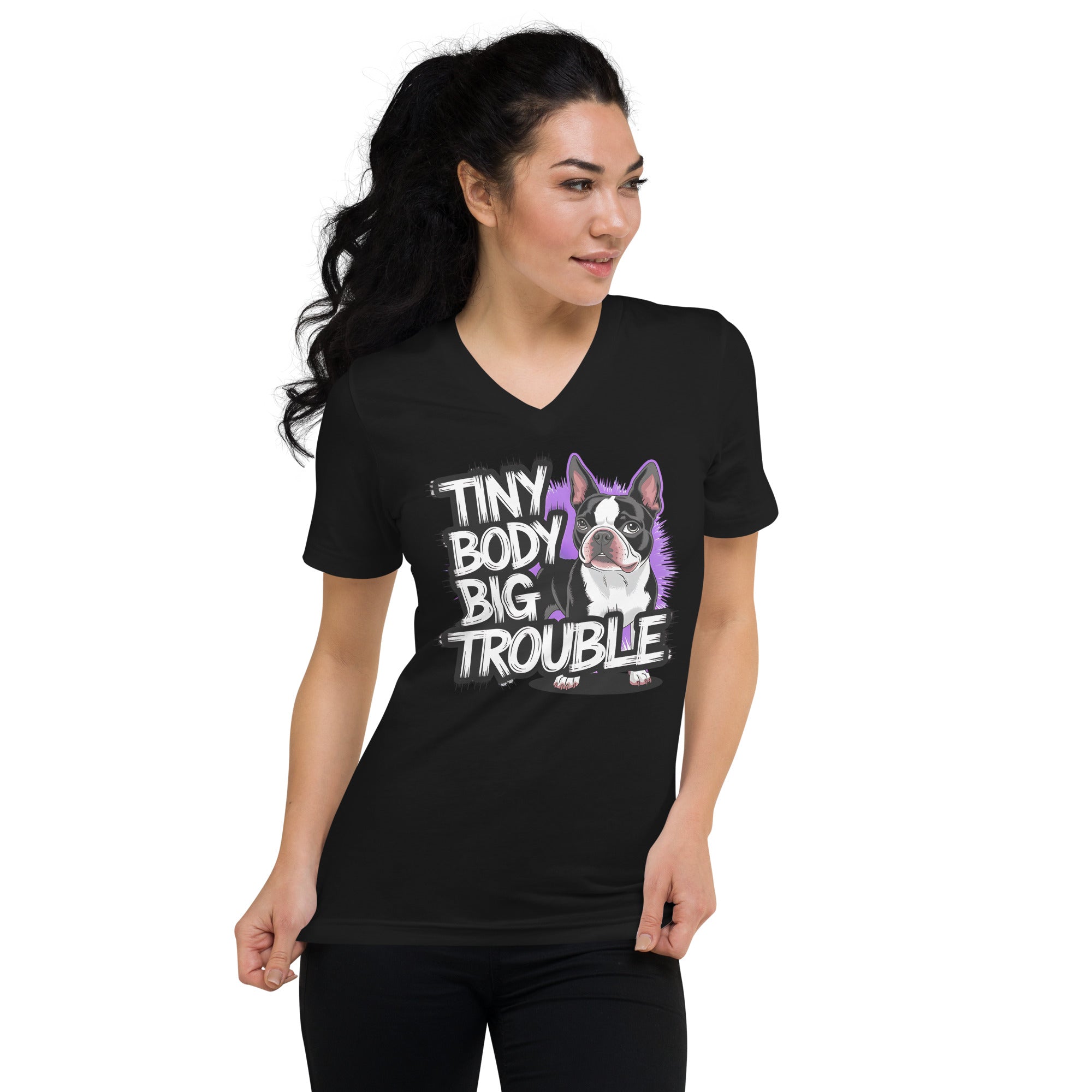 Tiny Body Big Trouble Unisex Short Sleeve V-Neck T-Shirt .