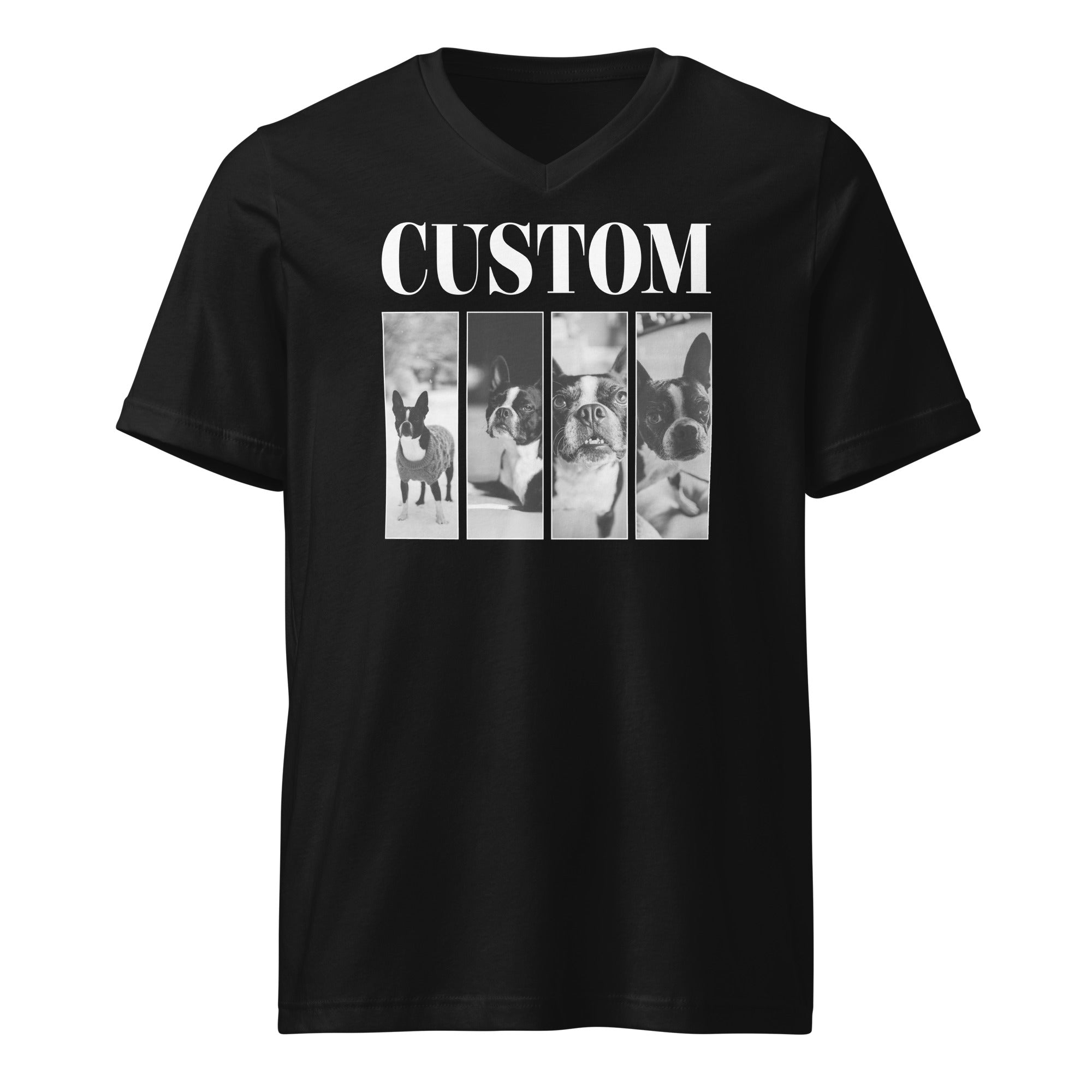 Custom Vintage Pet Photos Unisex Short Sleeve V-Neck T-Shirt . Black