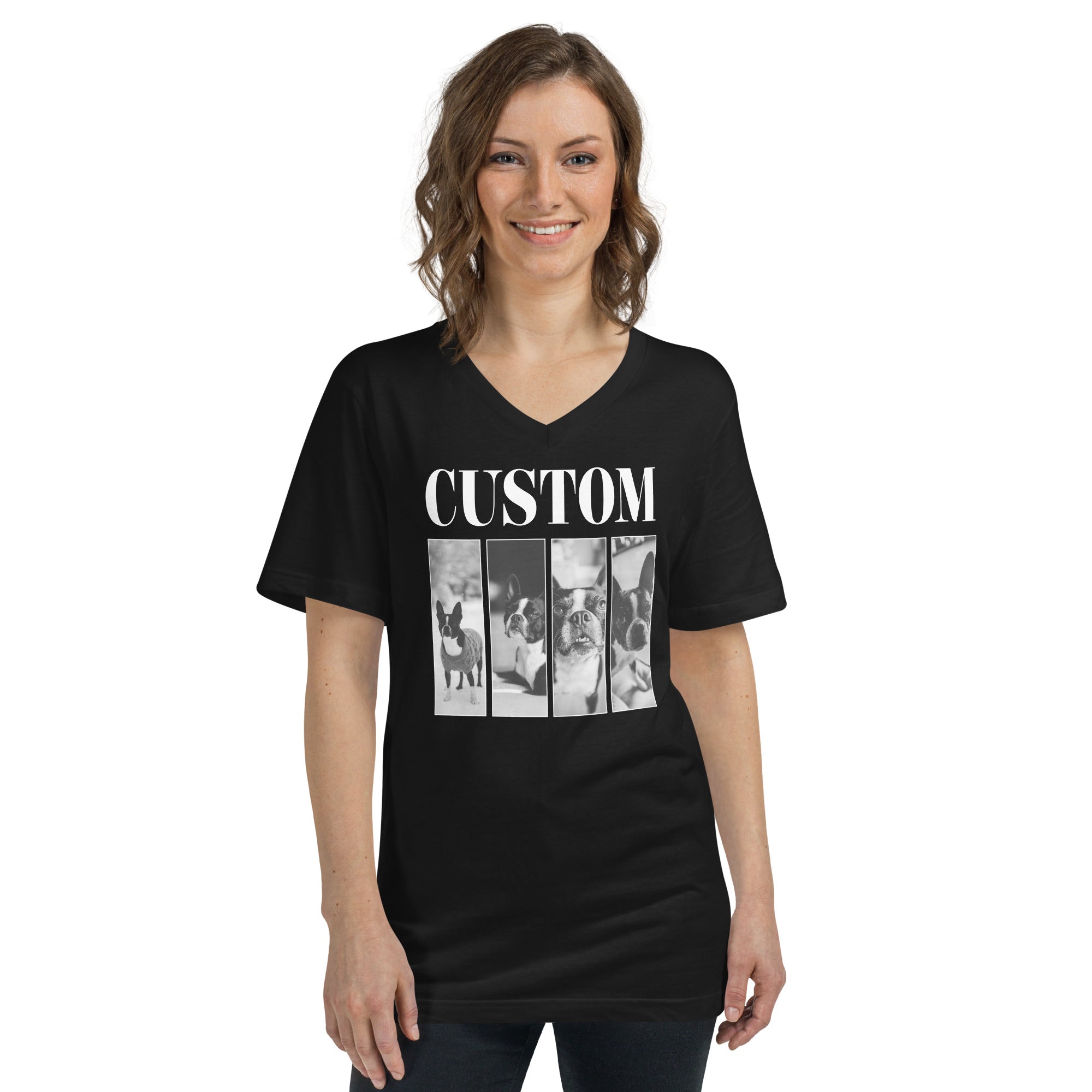 Custom Vintage Pet Photos Unisex Short Sleeve V-Neck T-Shirt .