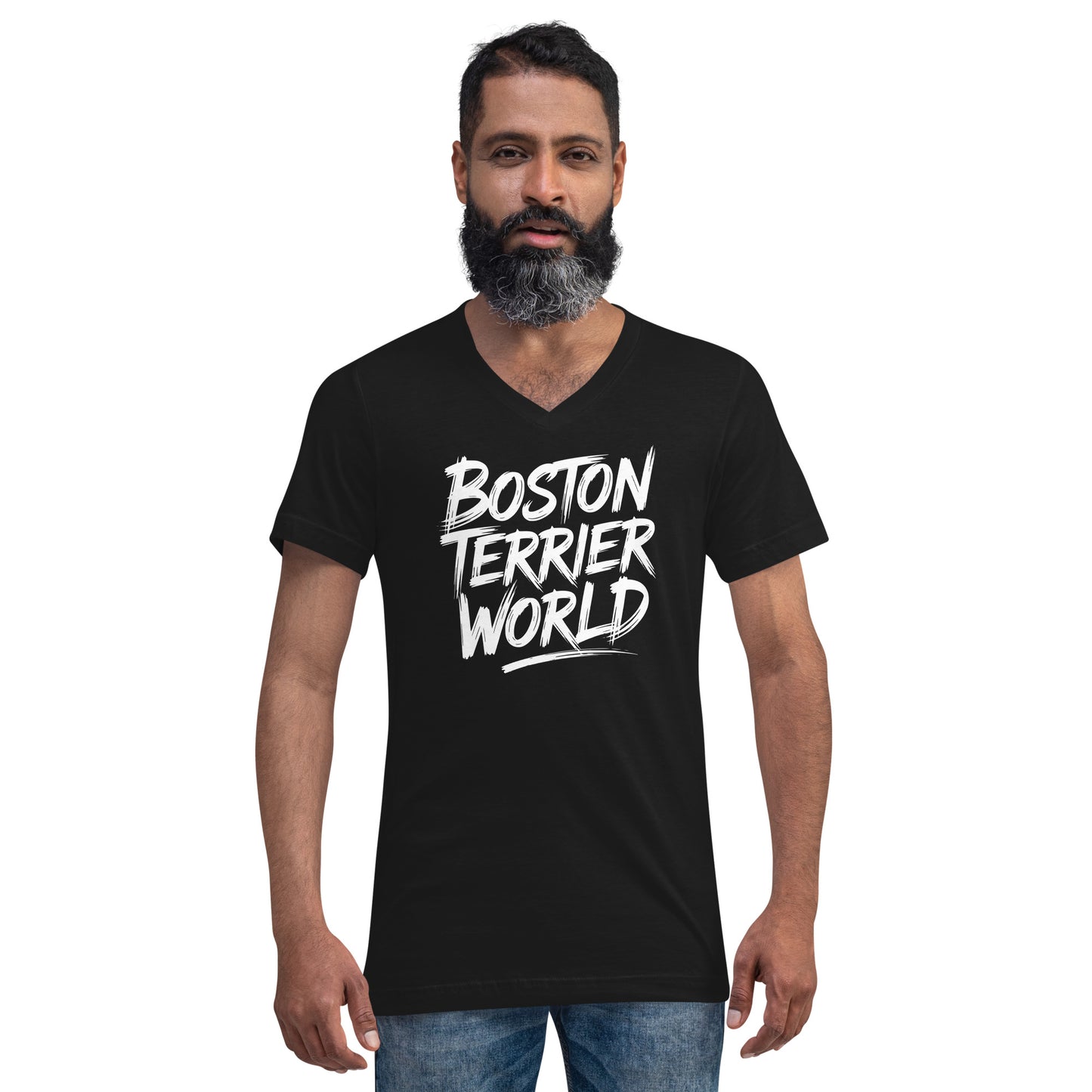 Boston Terrier World Signature Unisex Short Sleeve V-Neck T-Shirt .