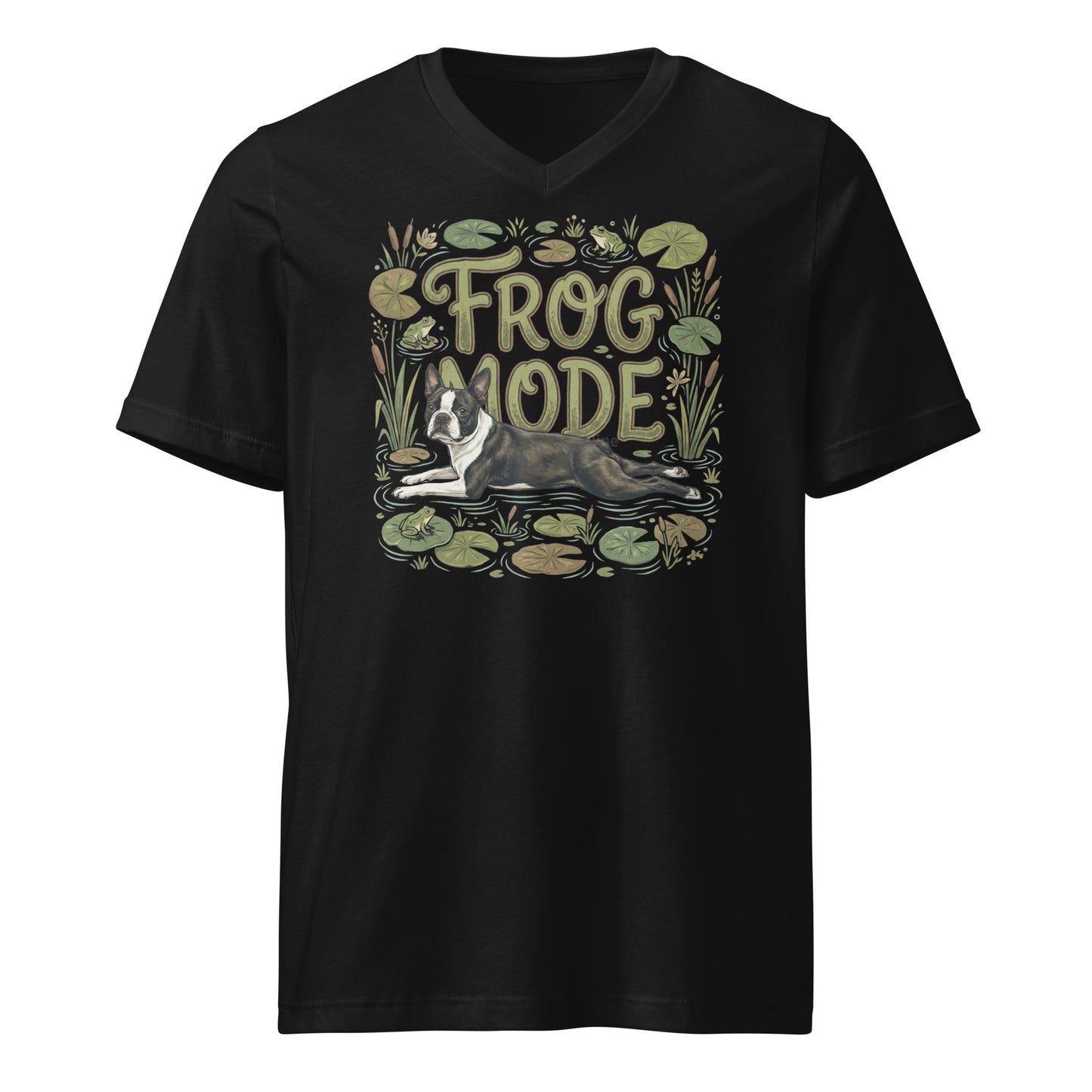 Frog Mode Boston Terrier Dog Unisex Short Sleeve V-Neck T-Shirt . Black