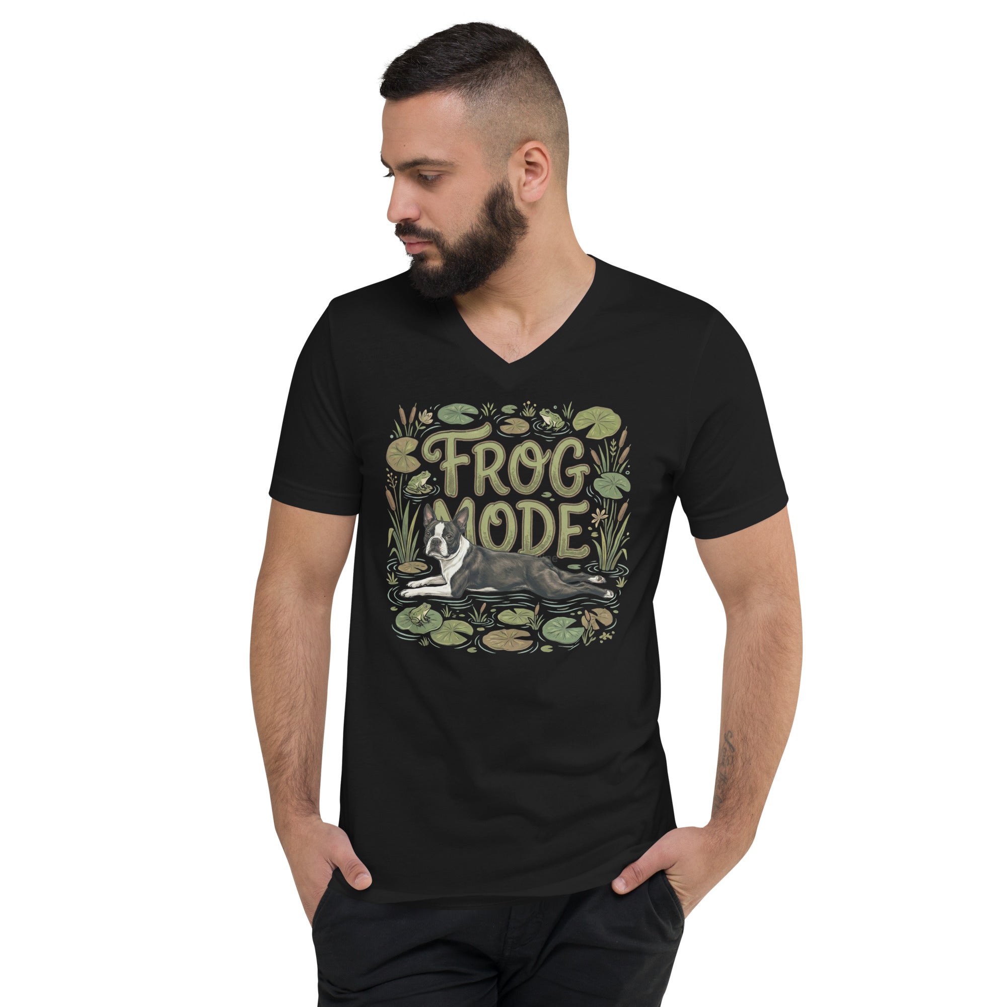Frog Mode Boston Terrier Dog Unisex Short Sleeve V-Neck T-Shirt .