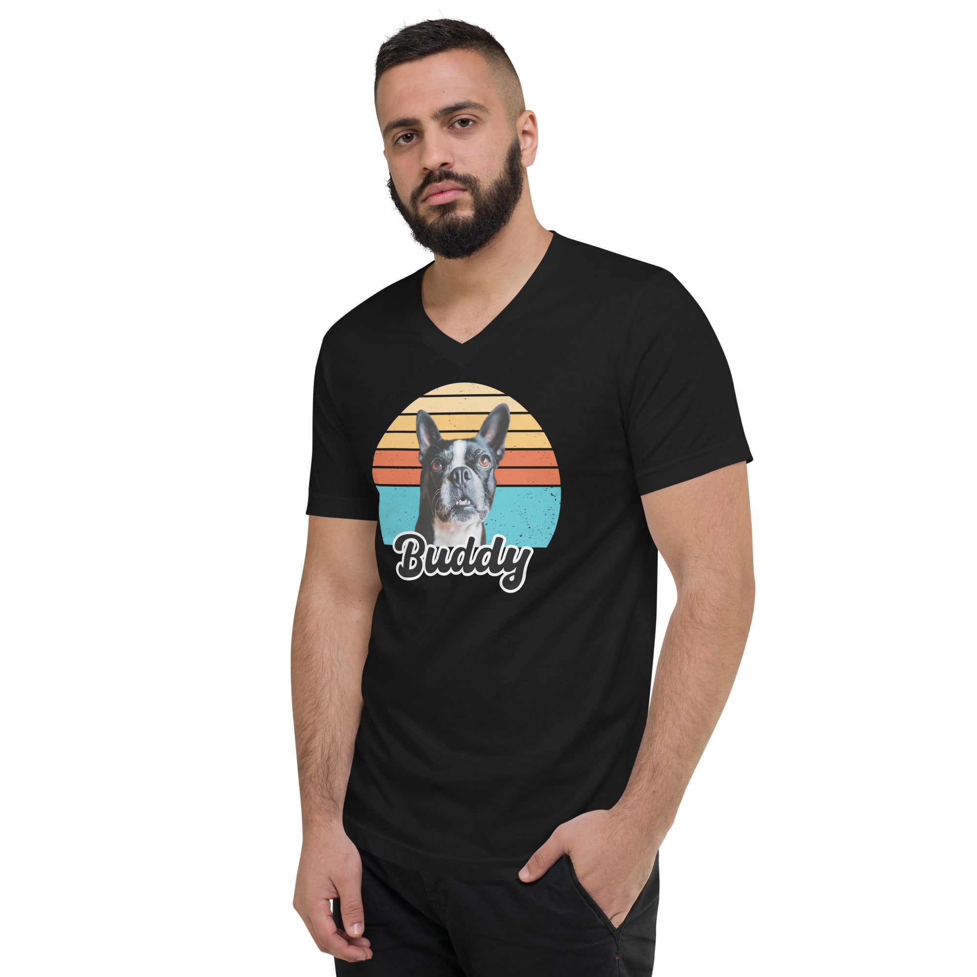 Custom Dog Sunset Vintage Retro Style Unisex Short Sleeve V-Neck T-Shirt .