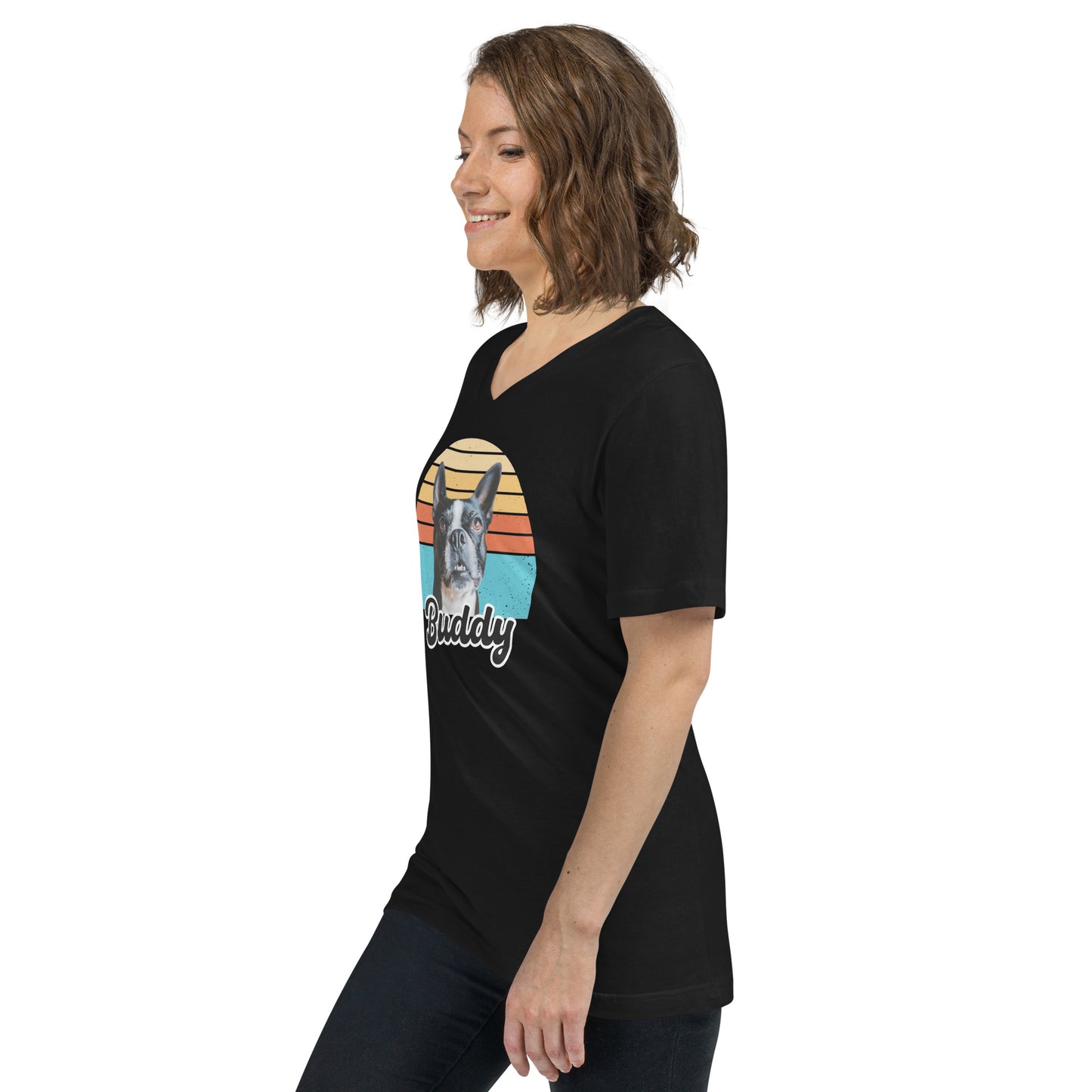Custom Dog Sunset Vintage Retro Style Unisex Short Sleeve V-Neck T-Shirt .