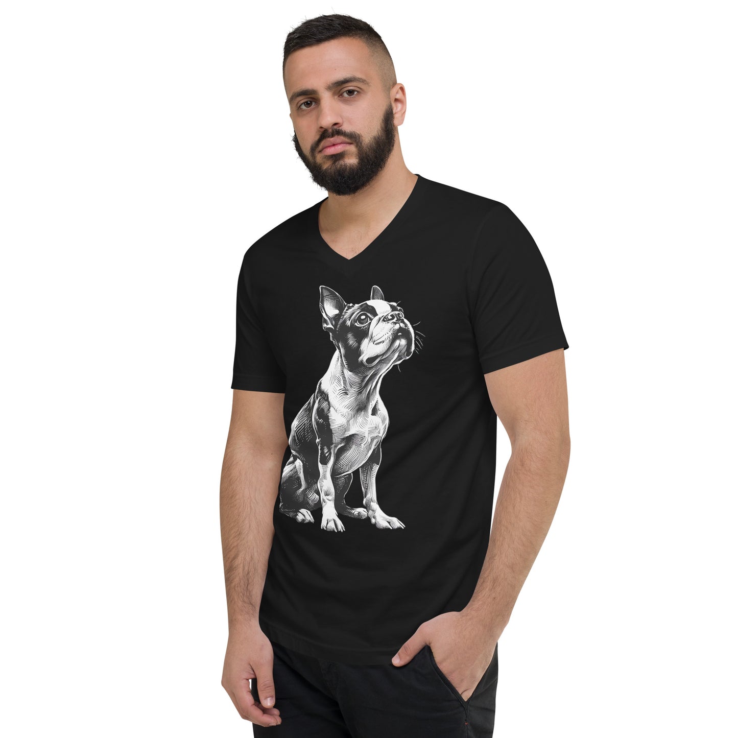 Boston Terrier Line Art Unisex Short Sleeve V-Neck T-Shirt .
