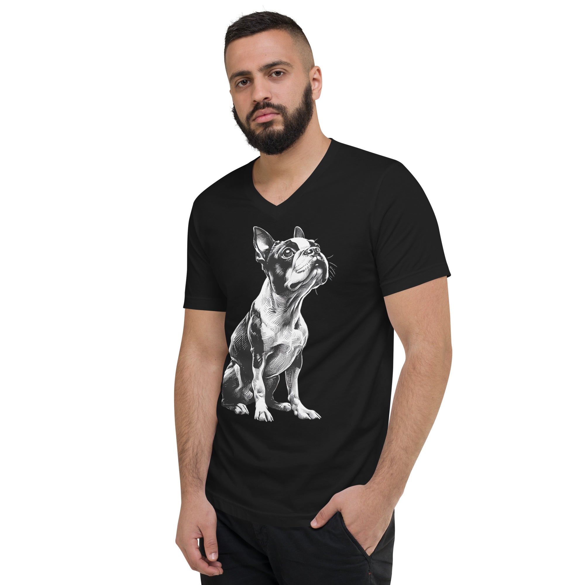 Boston Terrier Line Art Unisex Short Sleeve V-Neck T-Shirt .
