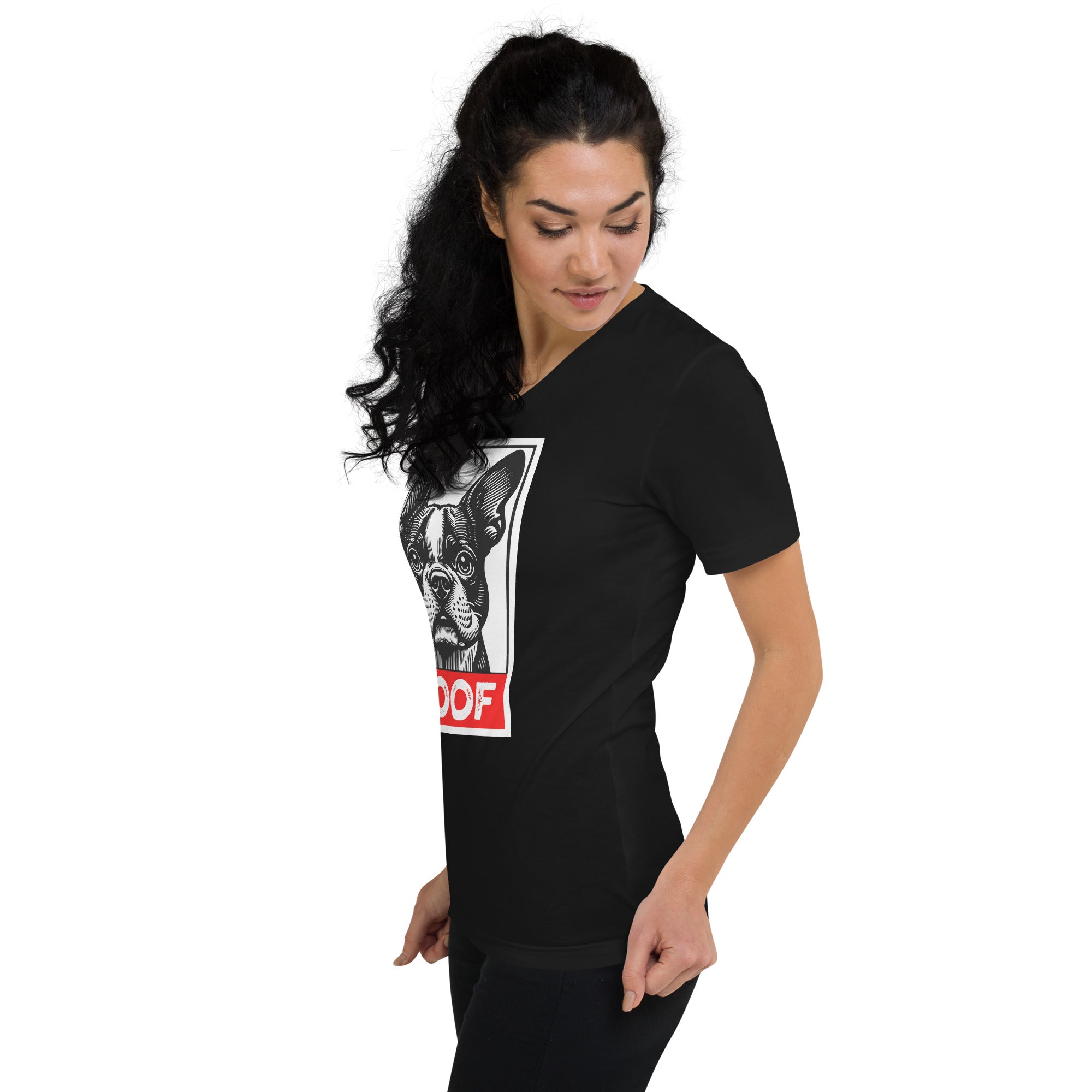 Woof Boston Terrier Dog Unisex Short Sleeve V-Neck T-Shirt .