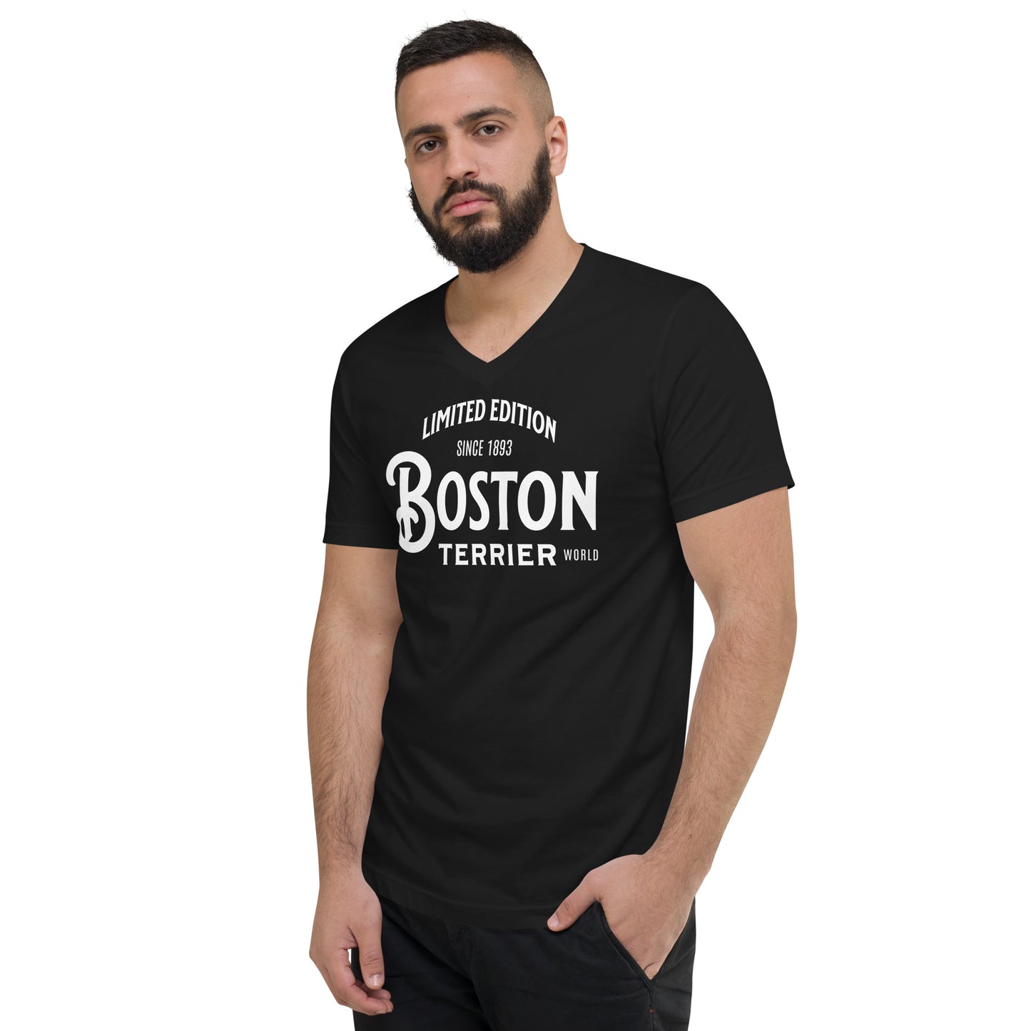 Limited Edition Boston Terrier World Unisex Short Sleeve V-Neck T-Shirt .