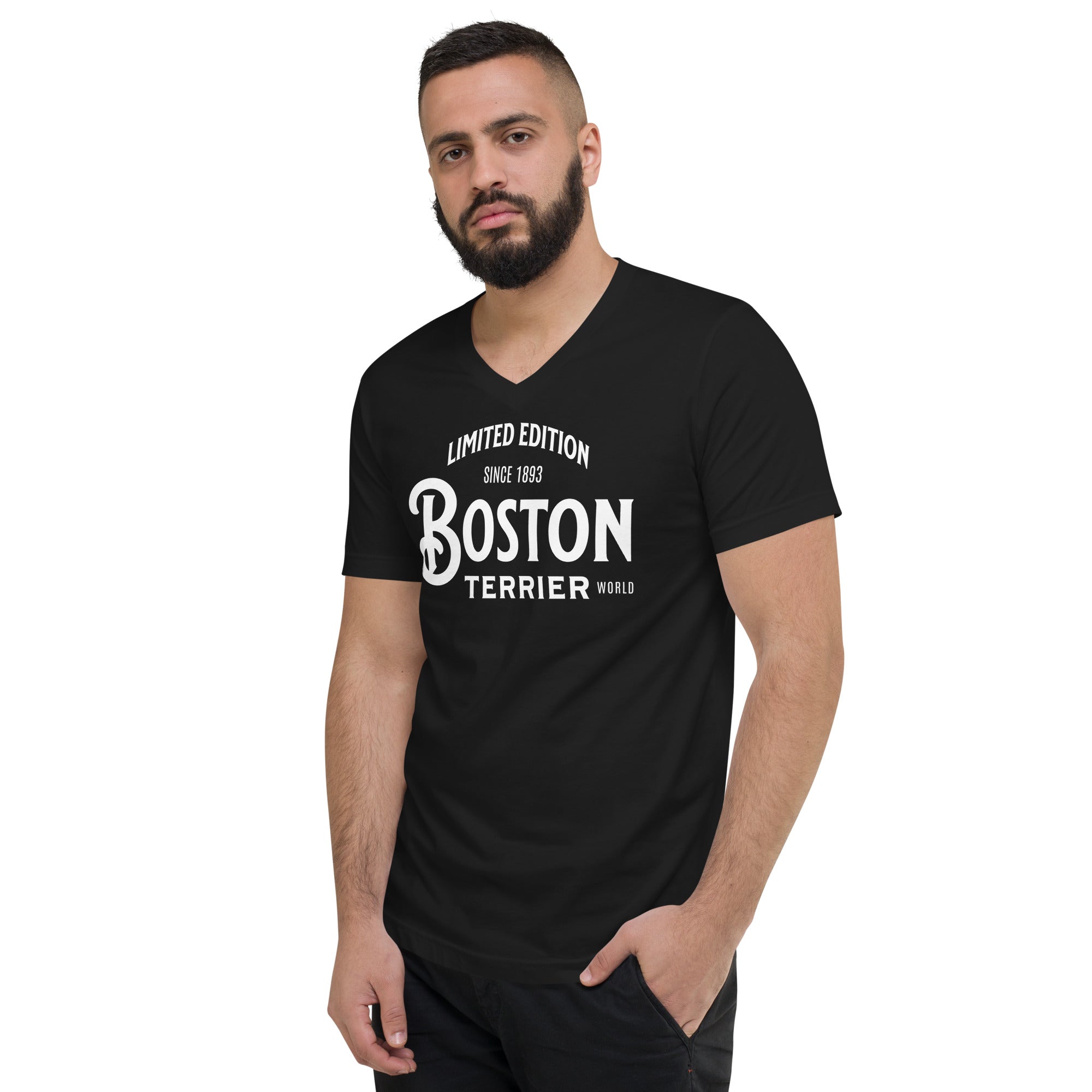 Limited Edition Boston Terrier World Unisex Short Sleeve V-Neck T-Shirt .