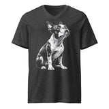 Boston Terrier Line Art Unisex Short Sleeve V-Neck T-Shirt . Dark Grey Heather
