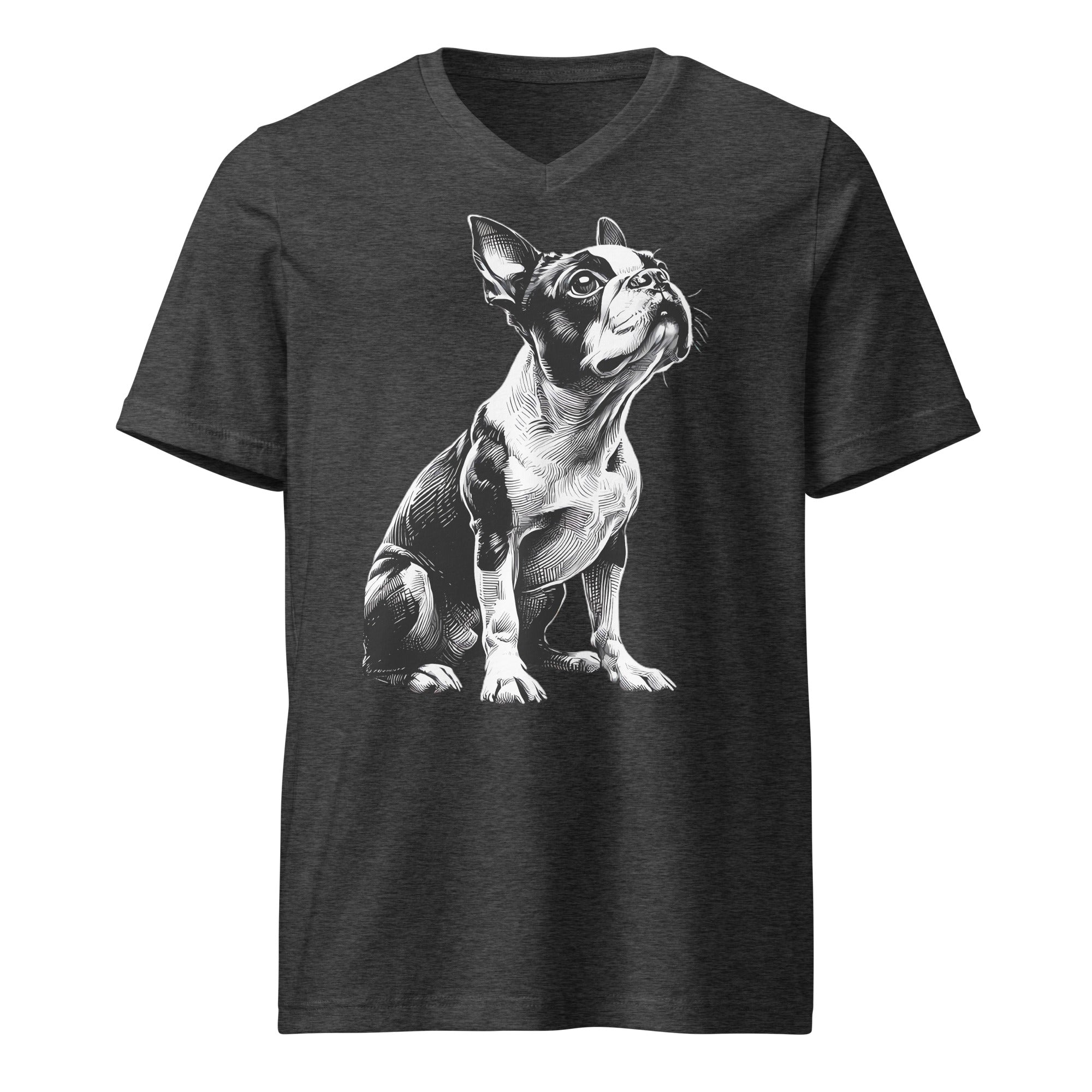 Boston Terrier Line Art Unisex Short Sleeve V-Neck T-Shirt . Dark Grey Heather