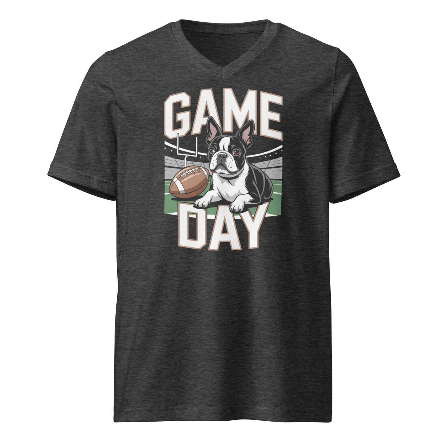 Football Boston Terrier Dog Game Day Unisex Short Sleeve V-Neck T-Shirt . Dark Grey Heather