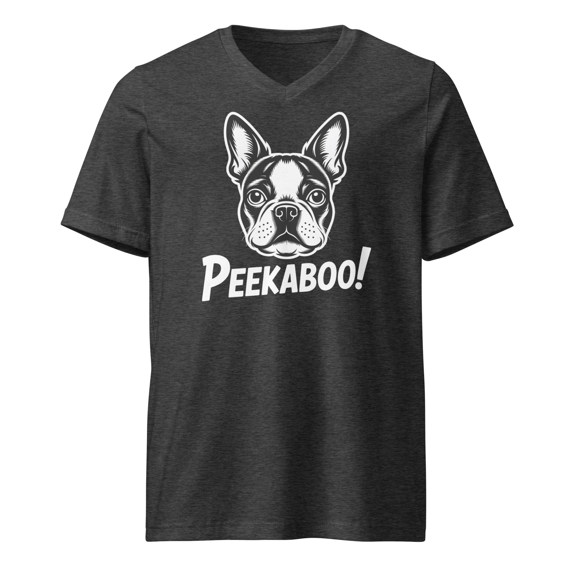 Peekaboo Dog Face Unisex Short Sleeve V-Neck T-Shirt . Dark Grey Heather