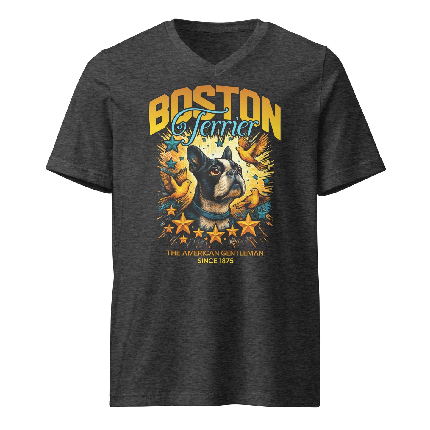 Stars And Birds Boston Terrier Since 1875 Unisex Short Sleeve V-Neck T-Shirt . Dark Grey Heather
