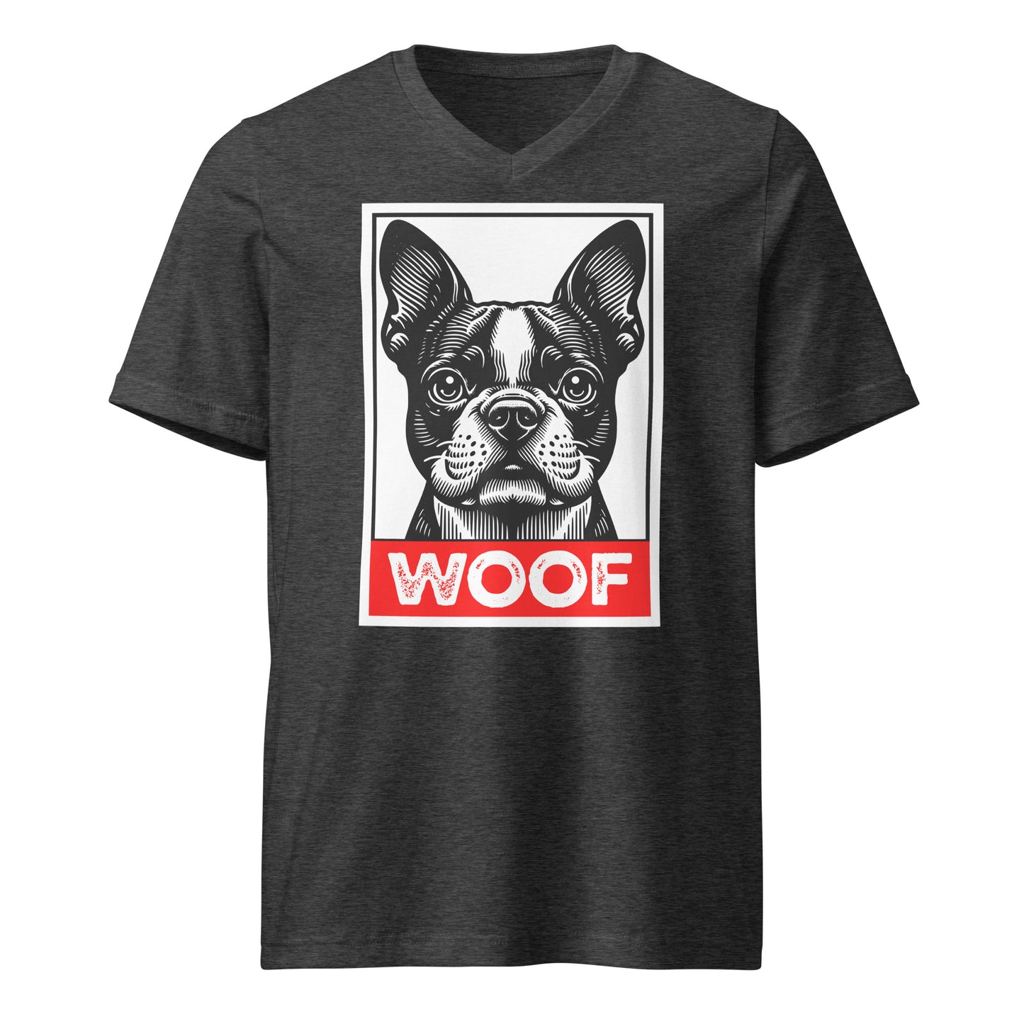 Woof Boston Terrier Dog Unisex Short Sleeve V-Neck T-Shirt . Dark Grey Heather