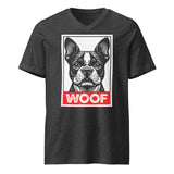 Woof Boston Terrier Dog Unisex Short Sleeve V-Neck T-Shirt . Dark Grey Heather