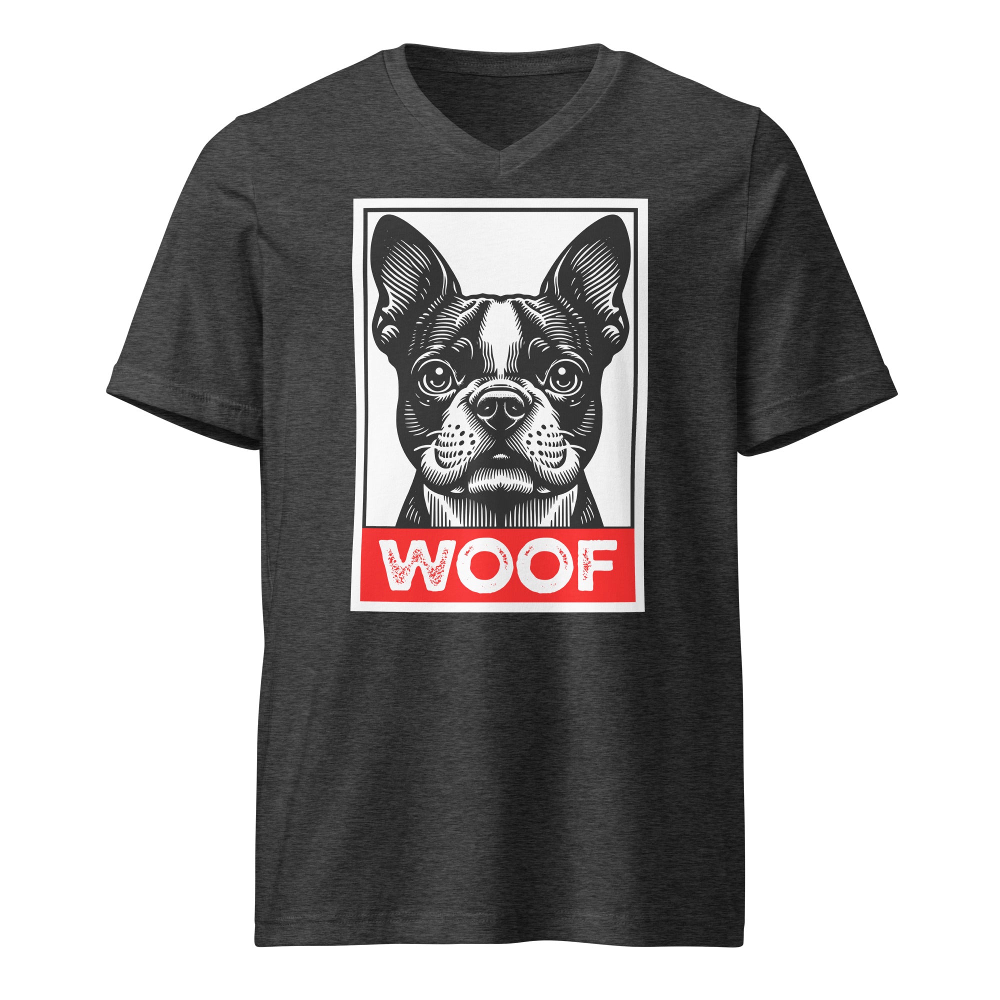 Woof Boston Terrier Dog Unisex Short Sleeve V-Neck T-Shirt . Dark Grey Heather